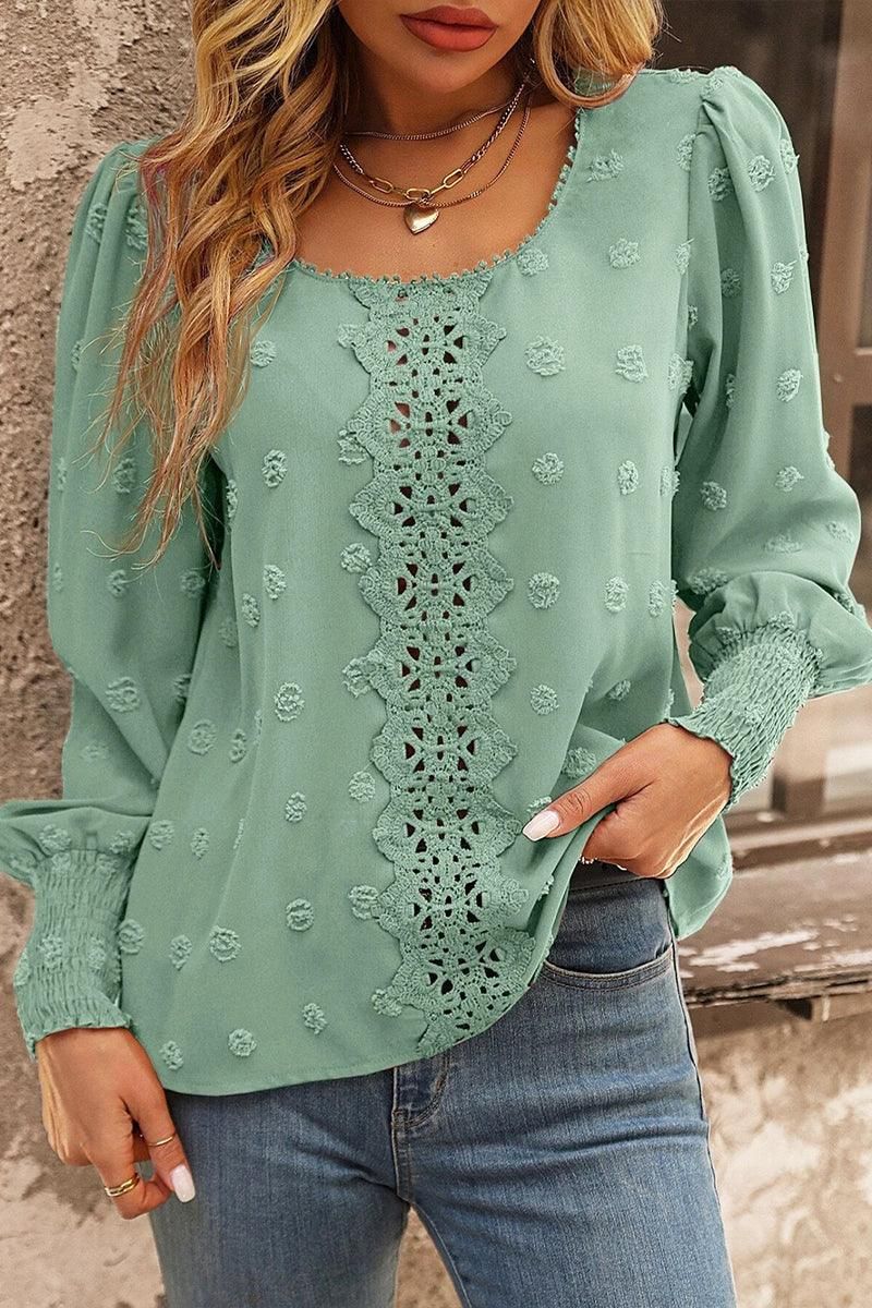 WOMEN FLORAL LACED SWISS DOT RIBBED SLEEVE BLOUSE - Doublju