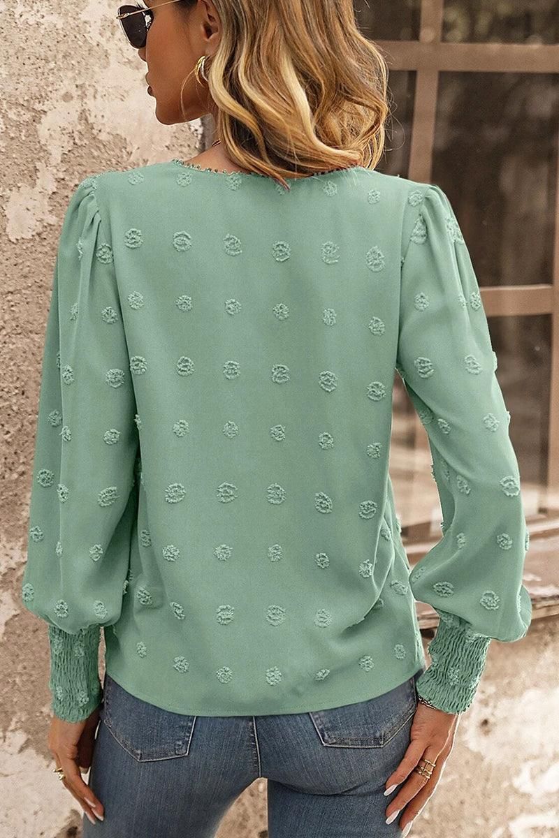 WOMEN FLORAL LACED SWISS DOT RIBBED SLEEVE BLOUSE - Doublju