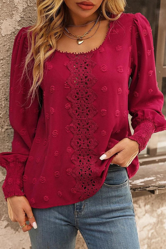 WOMEN FLORAL LACED SWISS DOT RIBBED SLEEVE BLOUSE - Doublju