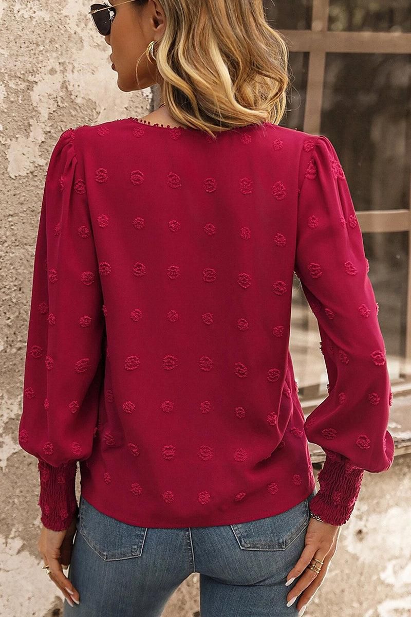 WOMEN FLORAL LACED SWISS DOT RIBBED SLEEVE BLOUSE - Doublju