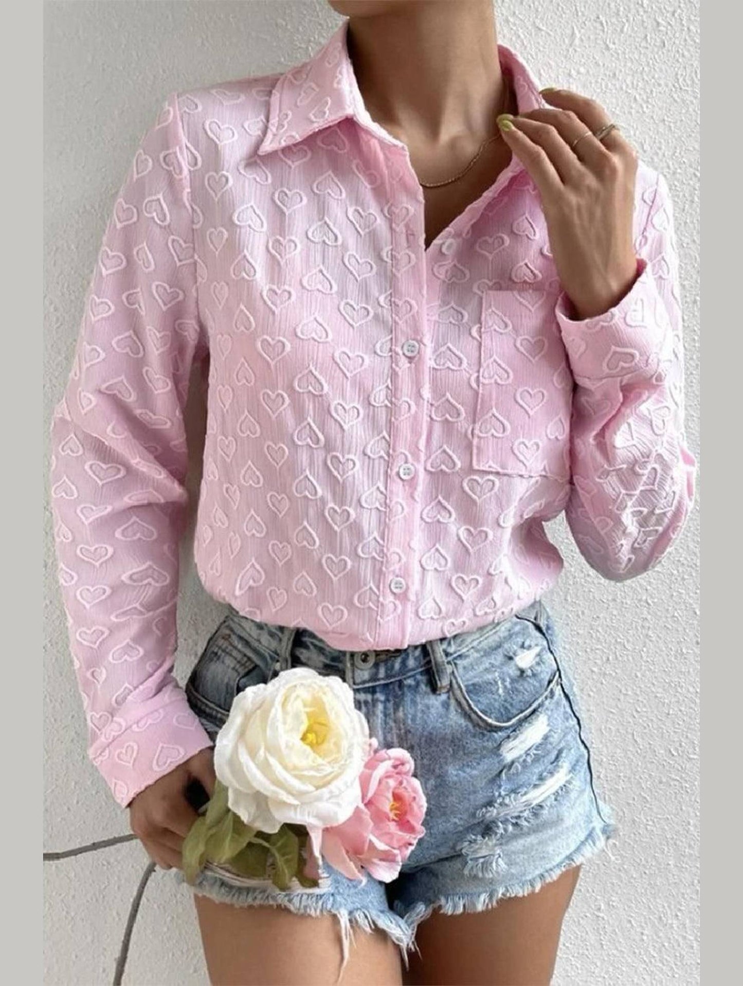 WOMEN HEART STITCHED BUTTON UP CUTE SHIRT - Doublju