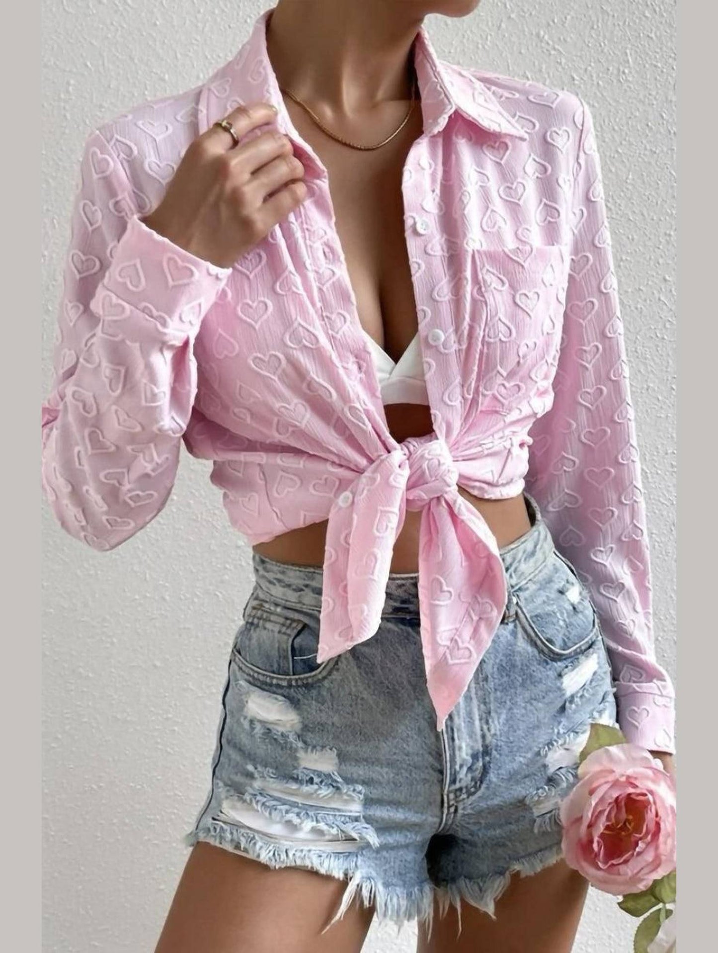 WOMEN HEART STITCHED BUTTON UP CUTE SHIRT - Doublju