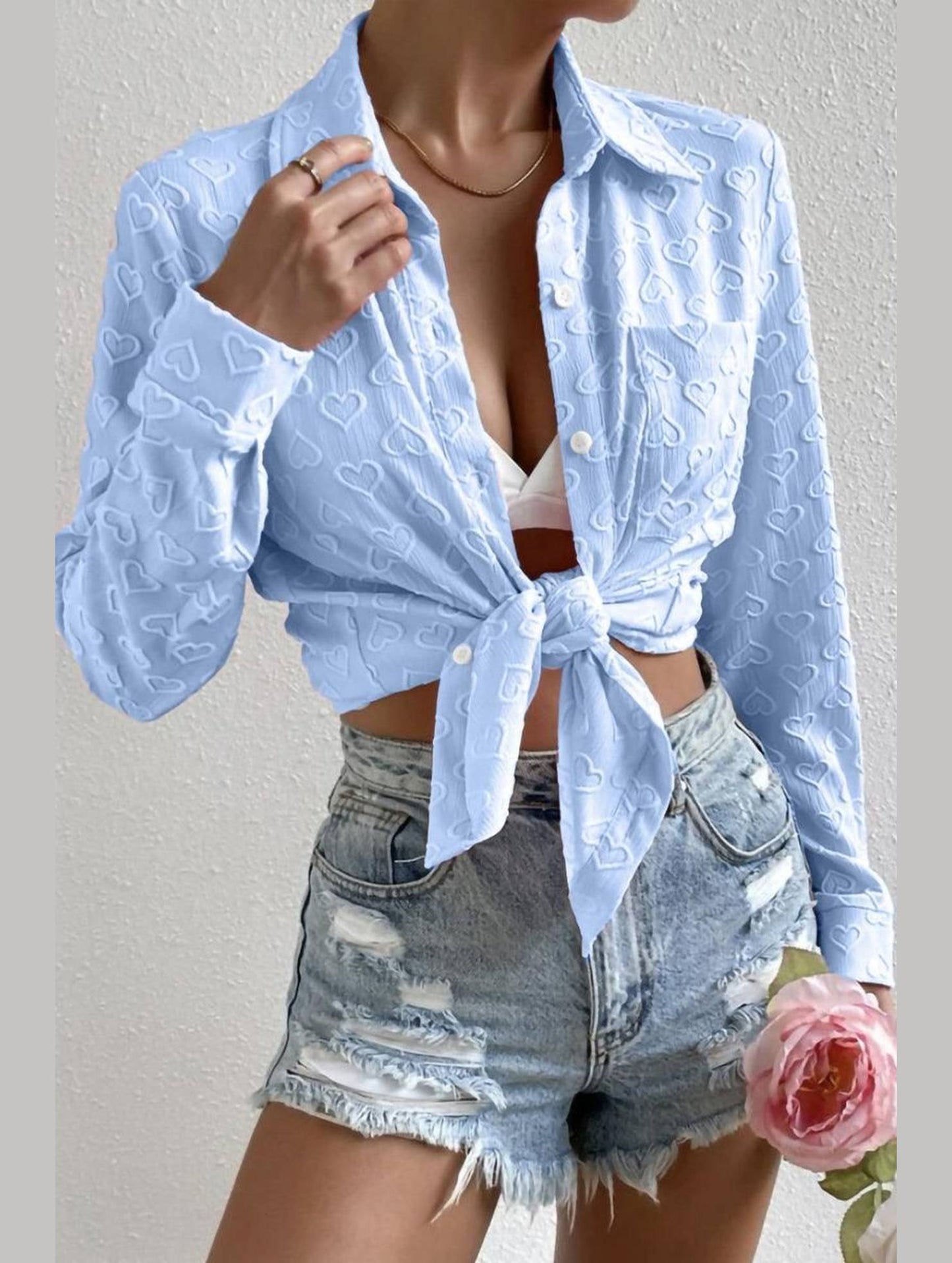 WOMEN HEART STITCHED BUTTON UP CUTE SHIRT - Doublju