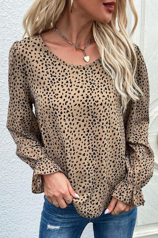 LOTUS LEAF SLEEVE LEOPARD PRINT BLOUSE - Doublju