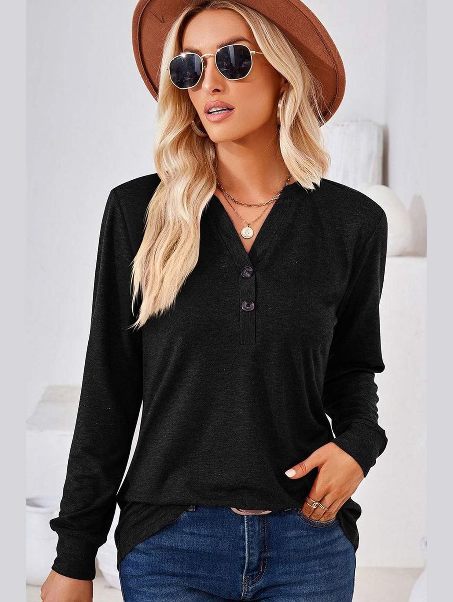 WOMEN BUTTONED V NECK RIB SLEEVE CASUAL TEE - Doublju