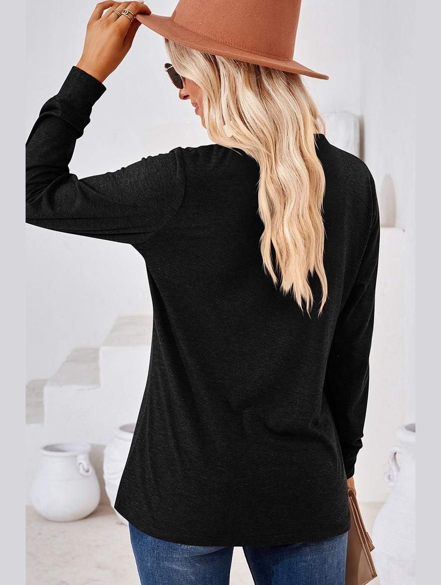 WOMEN BUTTONED V NECK RIB SLEEVE CASUAL TEE - Doublju
