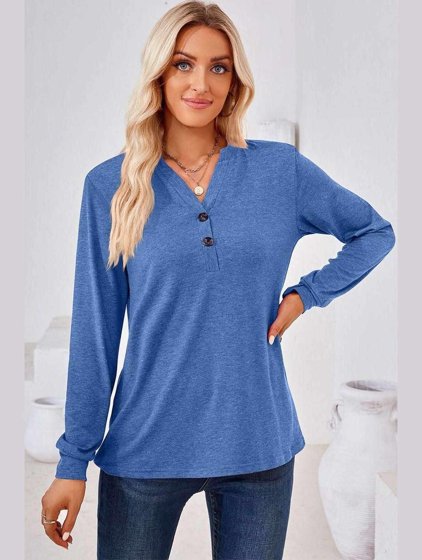 WOMEN BUTTONED V NECK RIB SLEEVE CASUAL TEE - Doublju