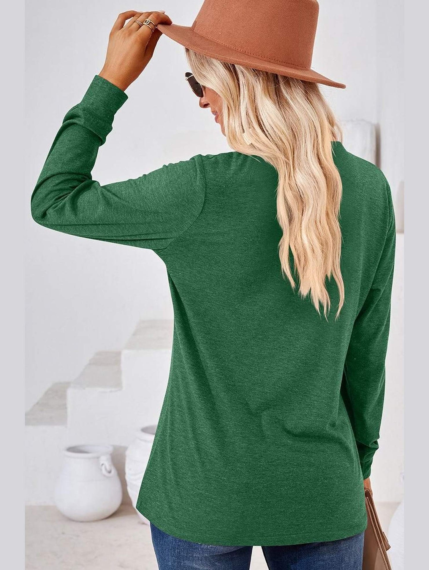 WOMEN BUTTONED V NECK RIB SLEEVE CASUAL TEE - Doublju
