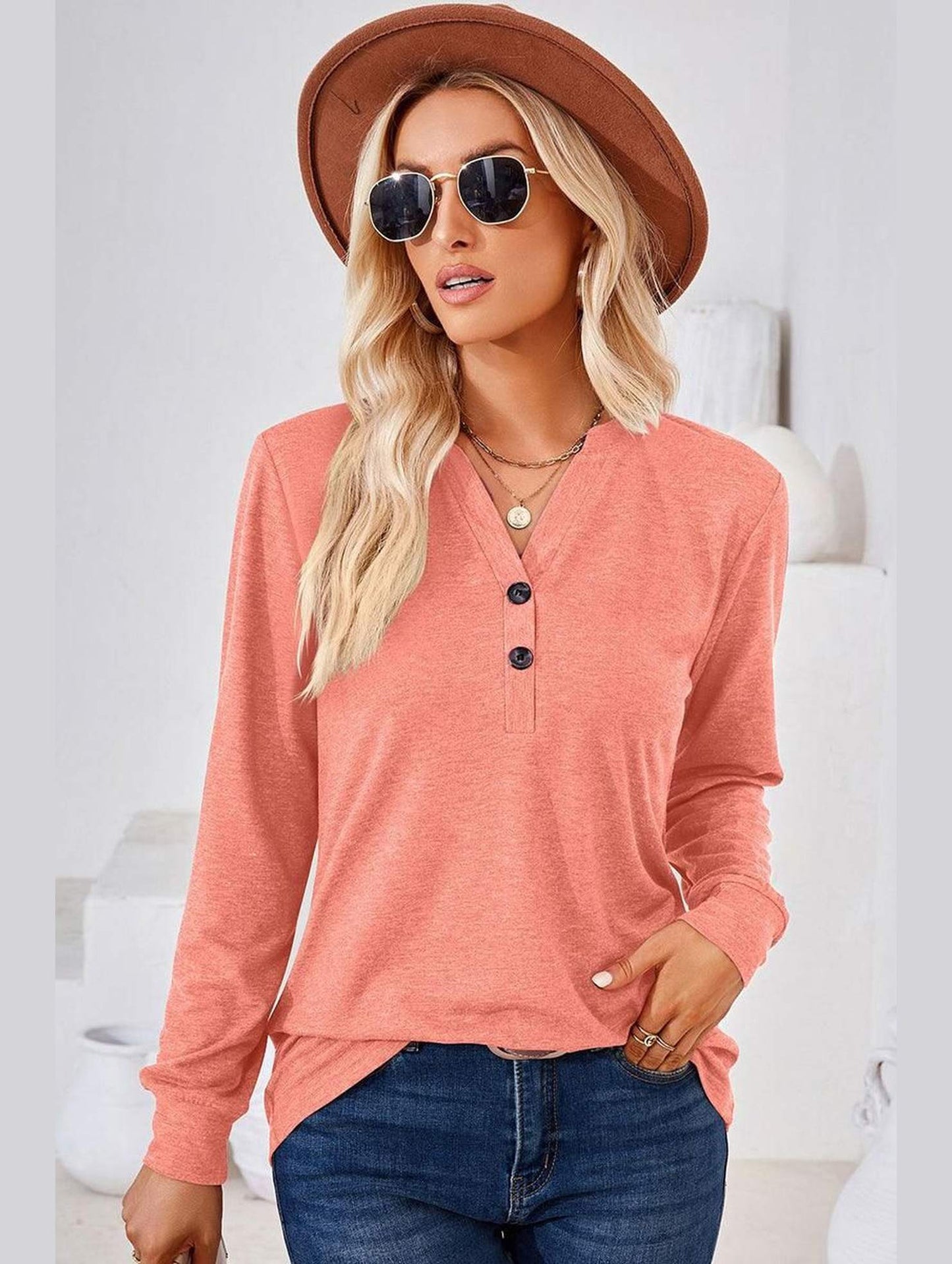 WOMEN BUTTONED V NECK RIB SLEEVE CASUAL TEE - Doublju