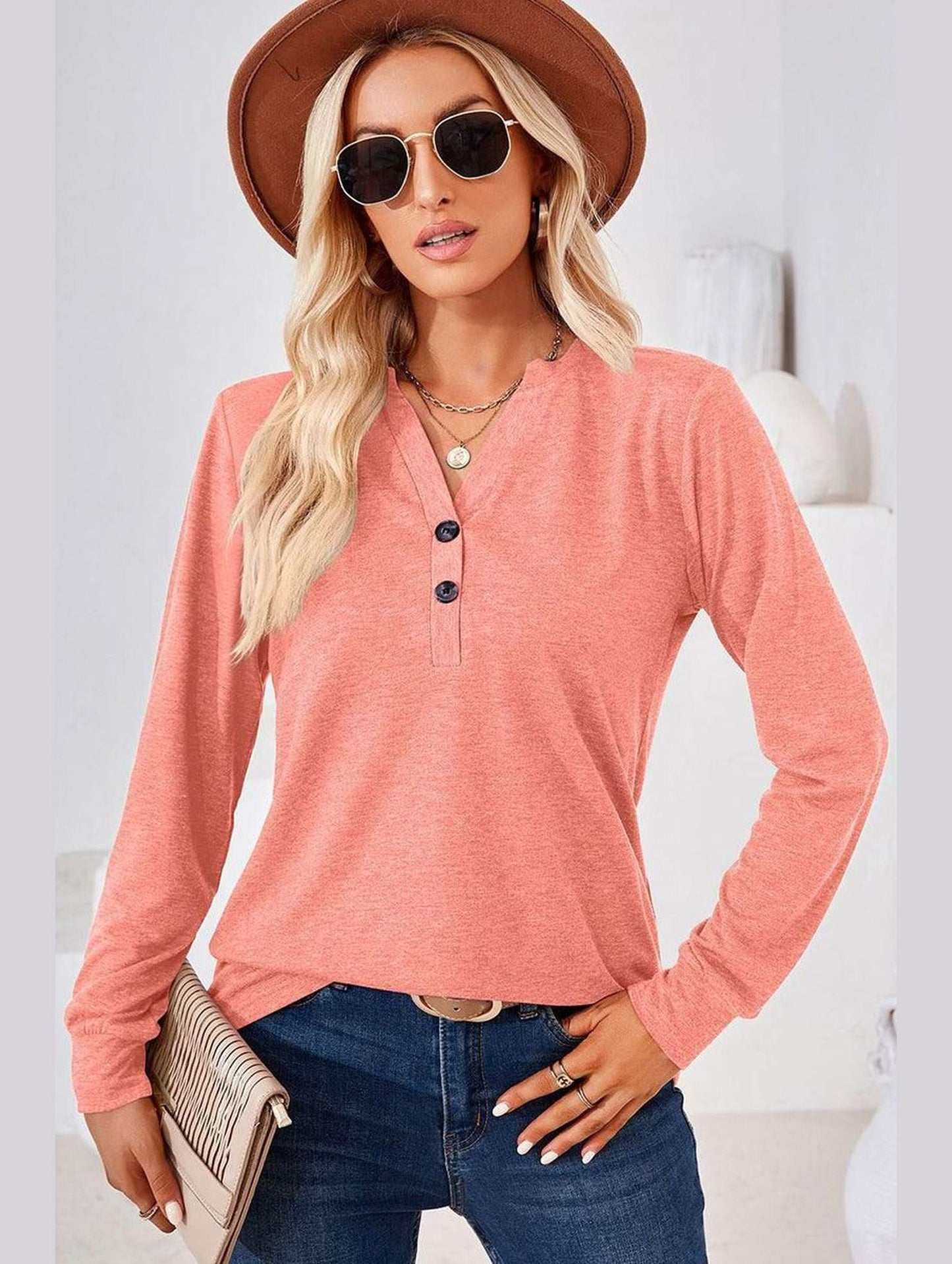 WOMEN BUTTONED V NECK RIB SLEEVE CASUAL TEE - Doublju