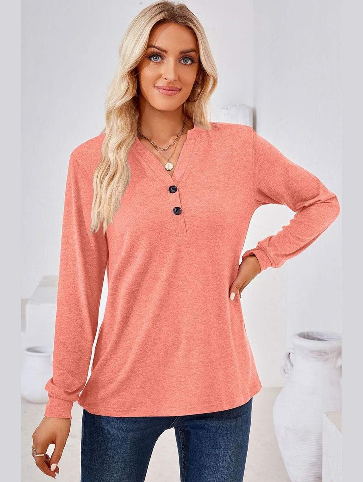 WOMEN BUTTONED V NECK RIB SLEEVE CASUAL TEE - Doublju