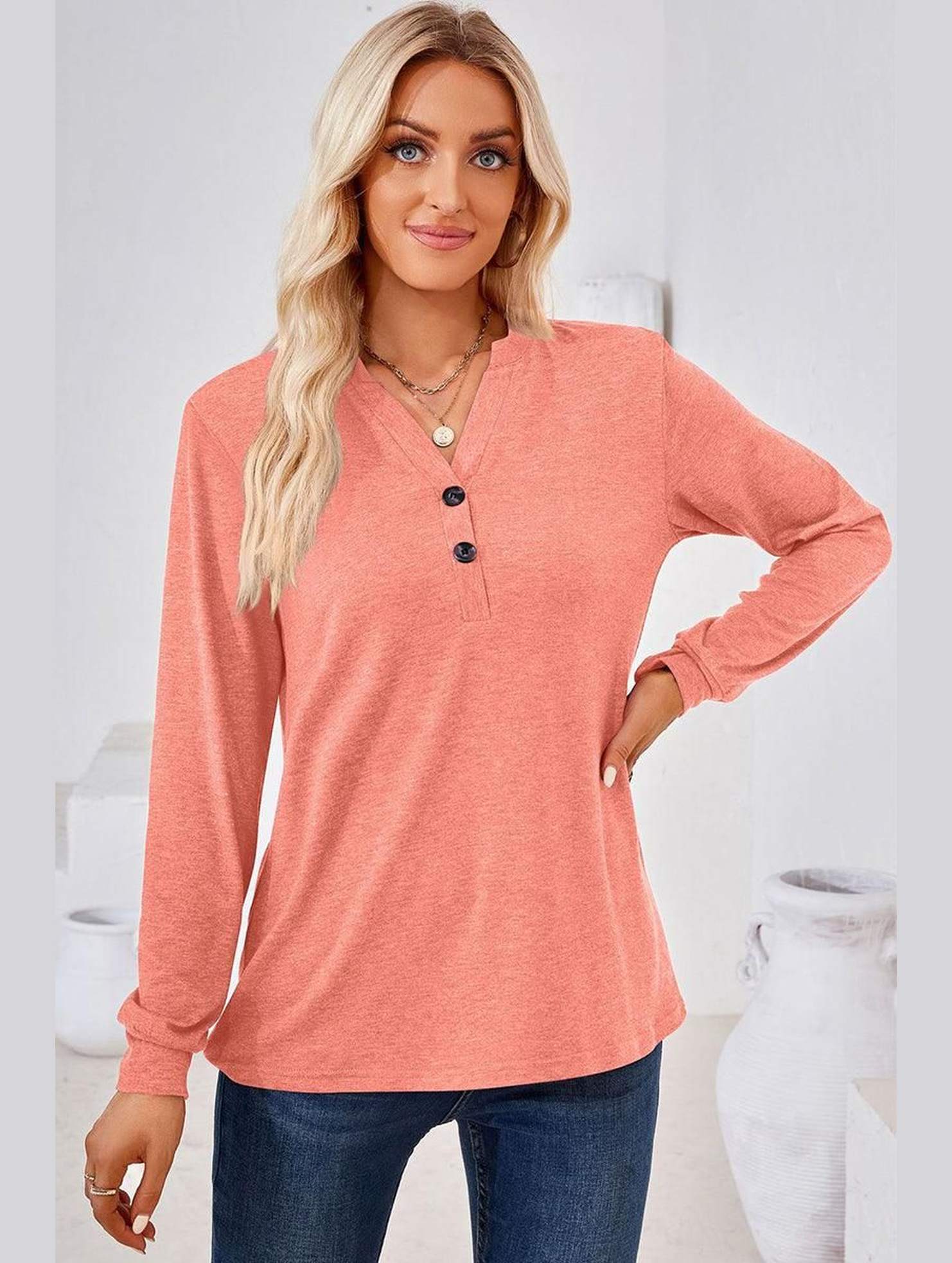 WOMEN BUTTONED V NECK RIB SLEEVE CASUAL TEE - Doublju