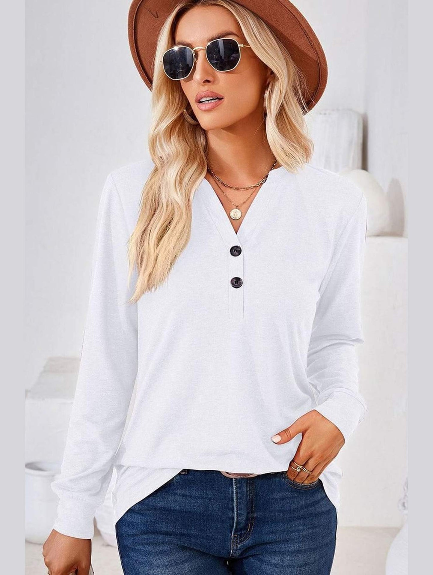 WOMEN BUTTONED V NECK RIB SLEEVE CASUAL TEE - Doublju