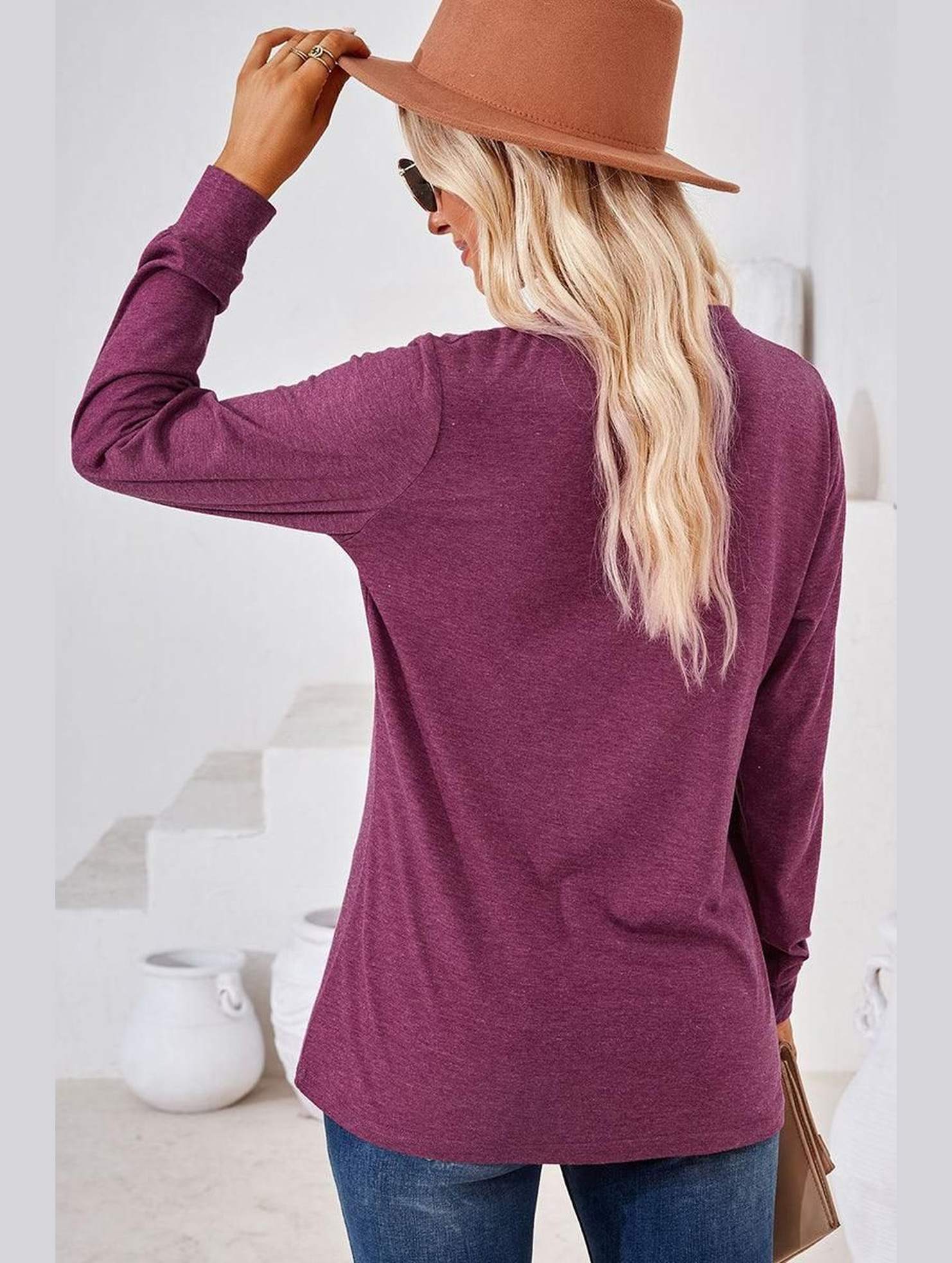 WOMEN BUTTONED V NECK RIB SLEEVE CASUAL TEE - Doublju