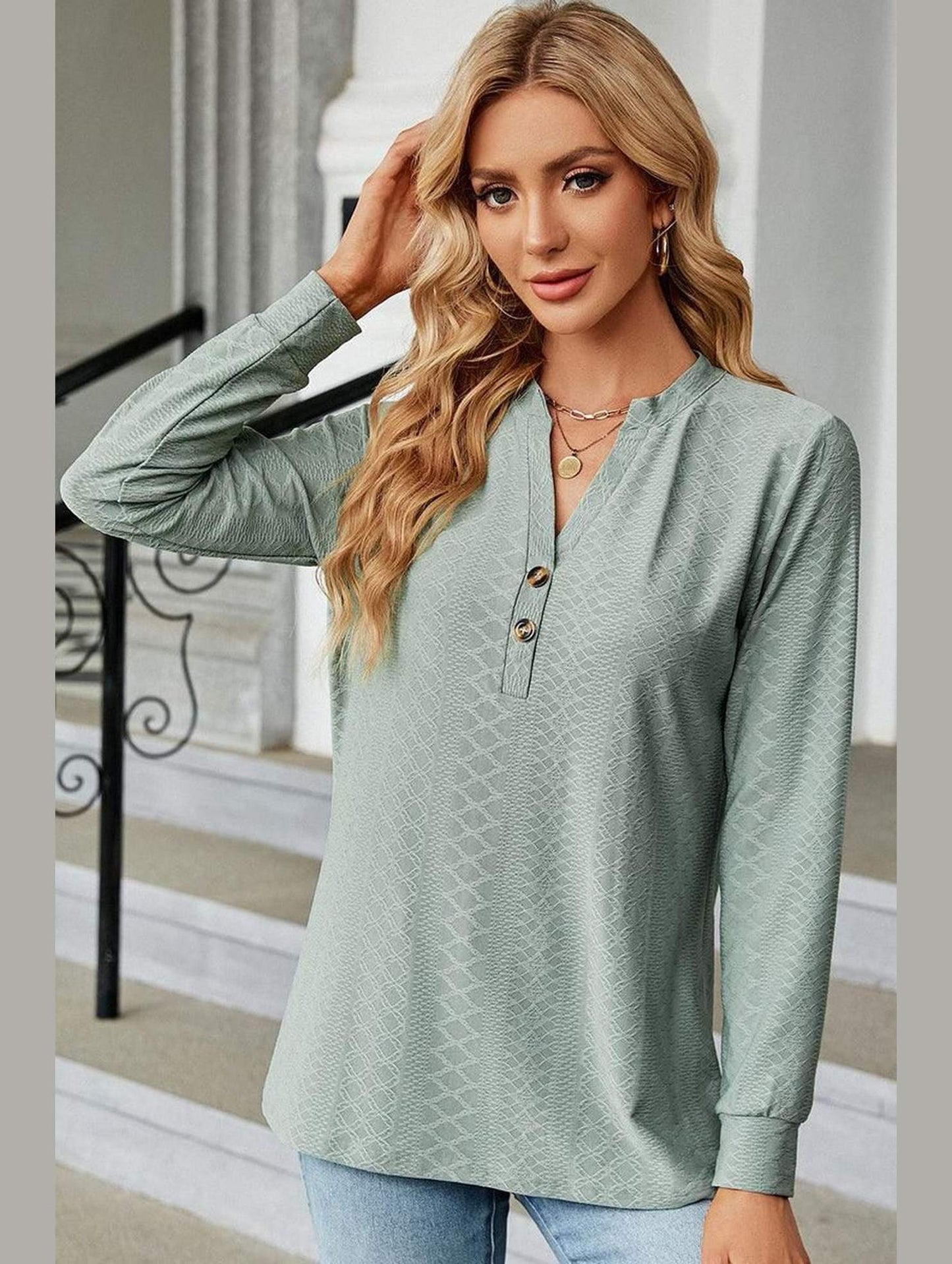 WOMEN V NECK BUTTON JACQUARD LOOSE FIT TOP - Doublju