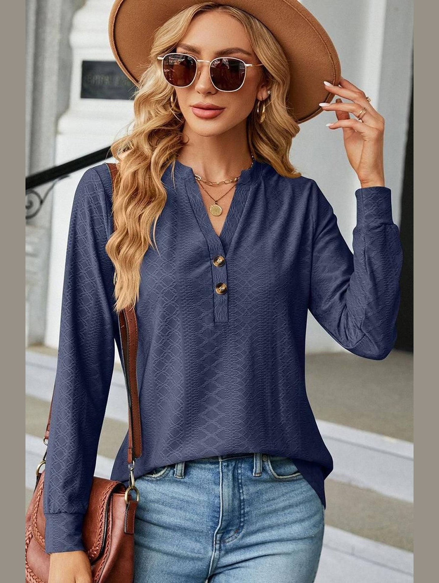 WOMEN V NECK BUTTON JACQUARD LOOSE FIT TOP - Doublju