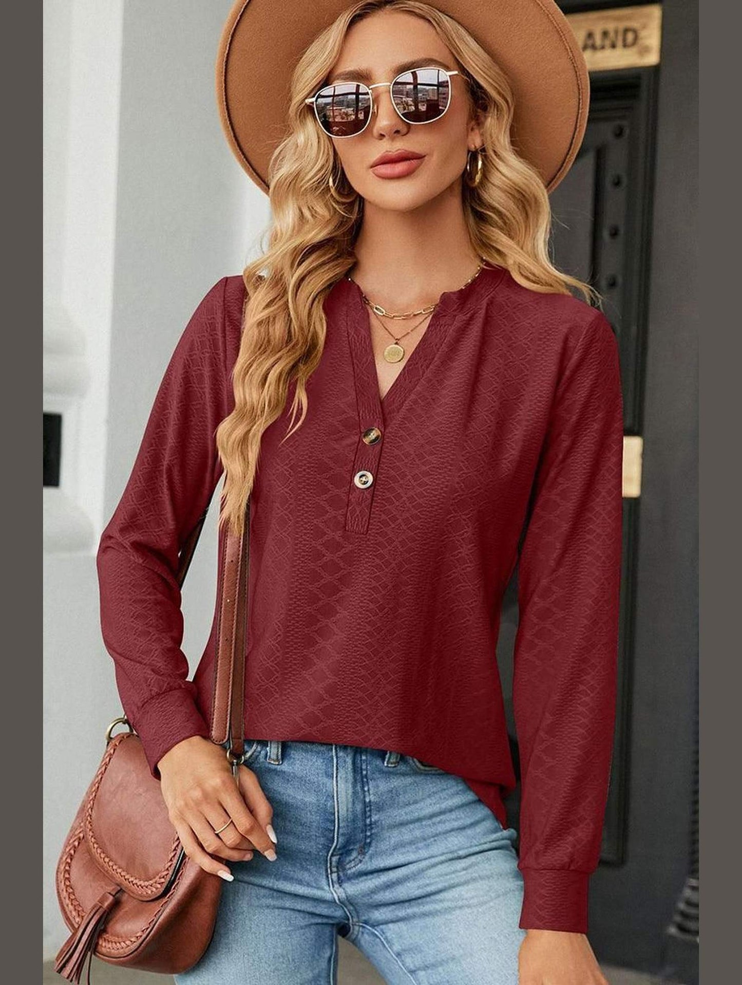 WOMEN V NECK BUTTON JACQUARD LOOSE FIT TOP - Doublju