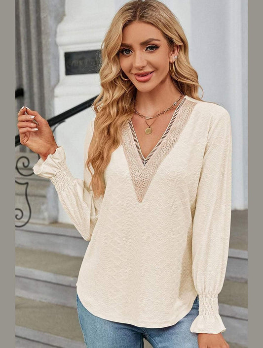 WOMEN GUIPURE LACE TRIM NECK RUFFLE SLEEVE BLOUSE - Doublju