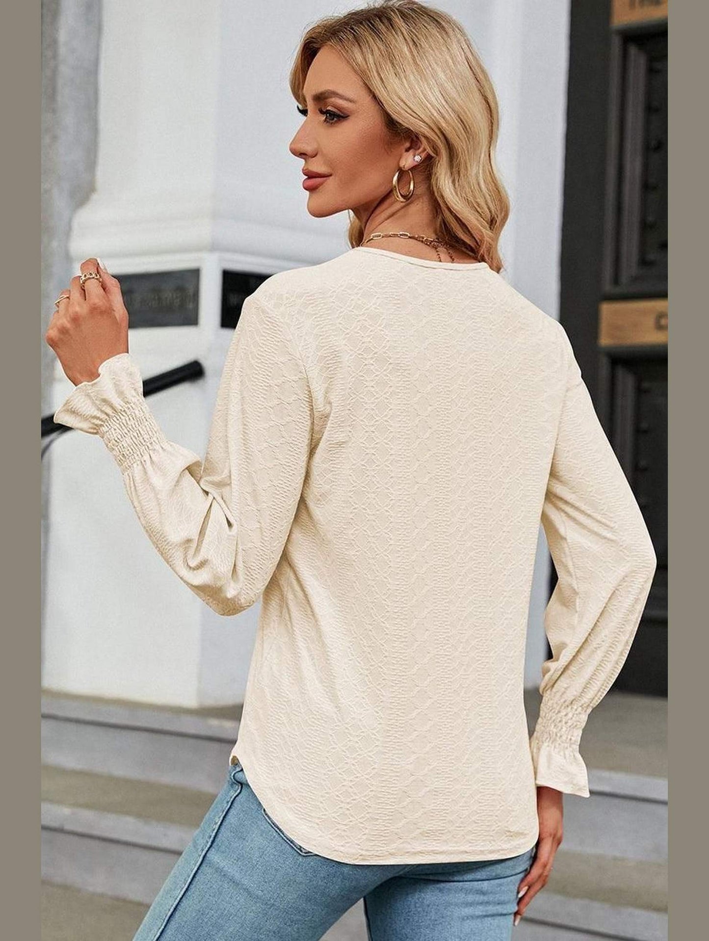 WOMEN GUIPURE LACE TRIM NECK RUFFLE SLEEVE BLOUSE - Doublju