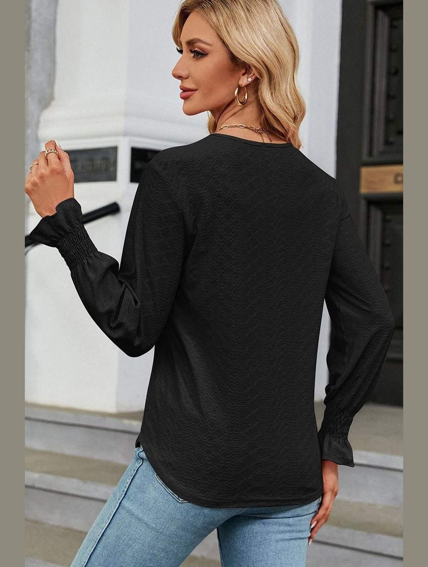 WOMEN GUIPURE LACE TRIM NECK RUFFLE SLEEVE BLOUSE - Doublju