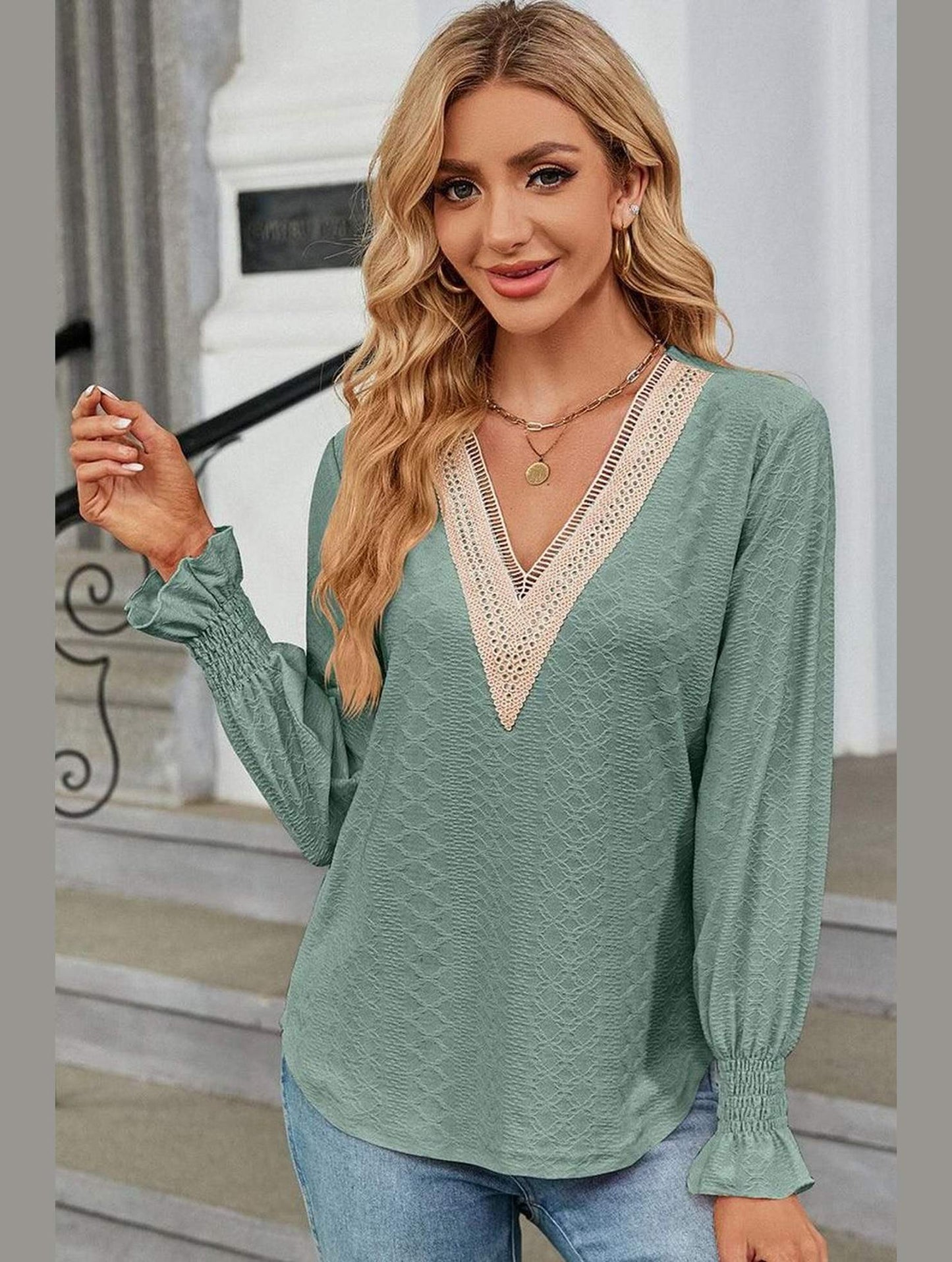 WOMEN GUIPURE LACE TRIM NECK RUFFLE SLEEVE BLOUSE - Doublju