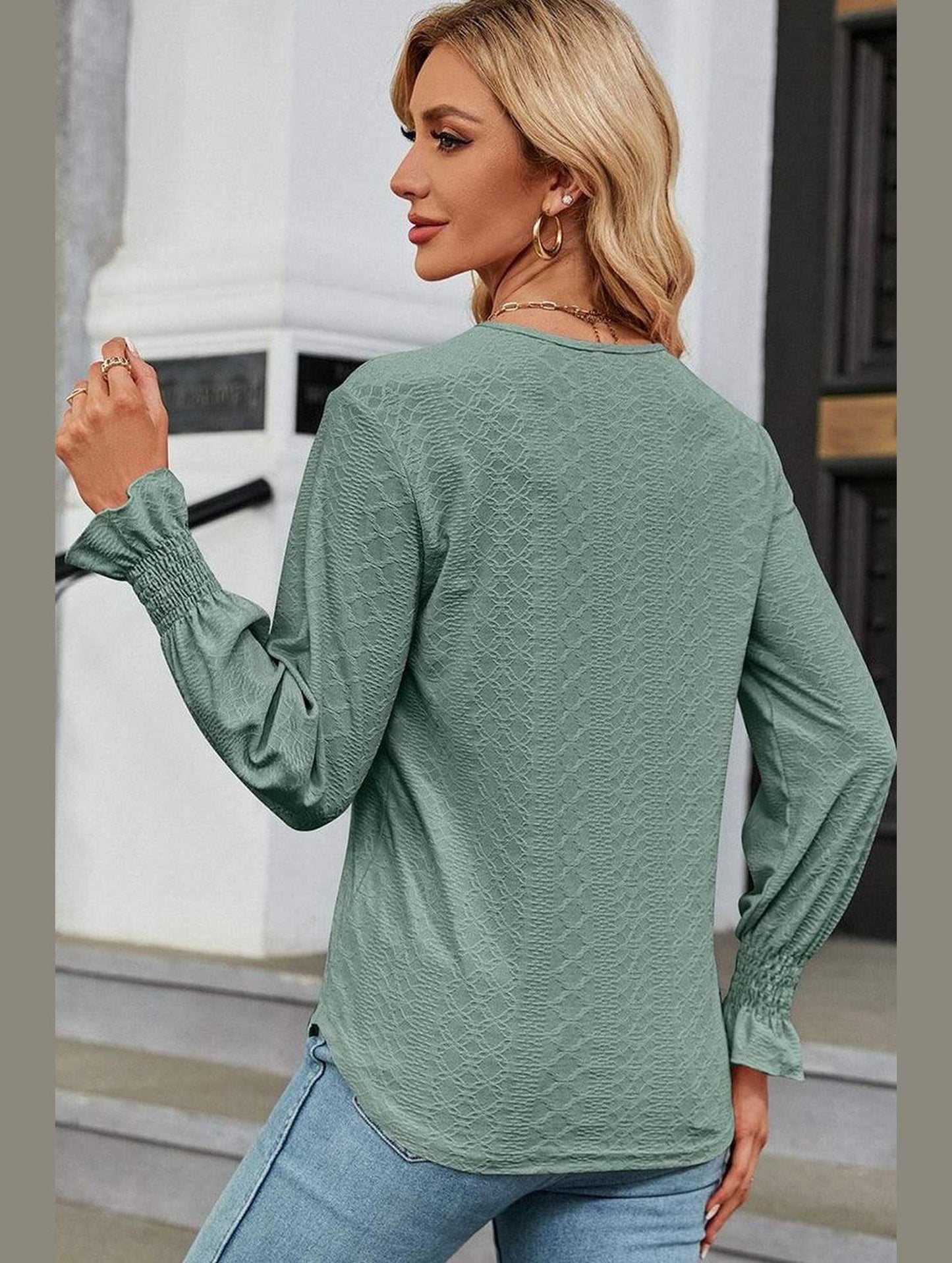 WOMEN GUIPURE LACE TRIM NECK RUFFLE SLEEVE BLOUSE - Doublju