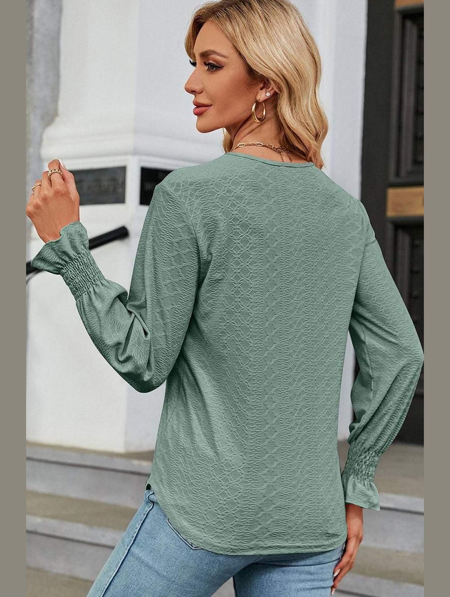 WOMEN GUIPURE LACE TRIM NECK RUFFLE SLEEVE BLOUSE - Doublju