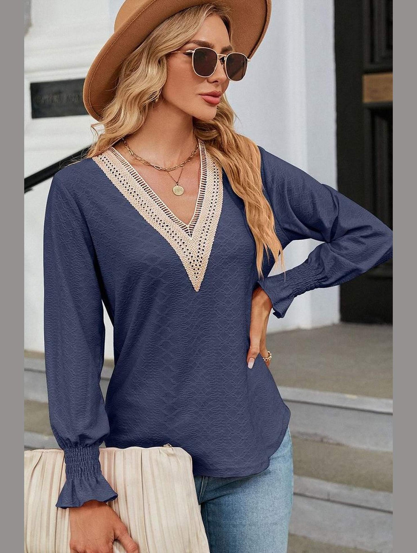 WOMEN GUIPURE LACE TRIM NECK RUFFLE SLEEVE BLOUSE - Doublju