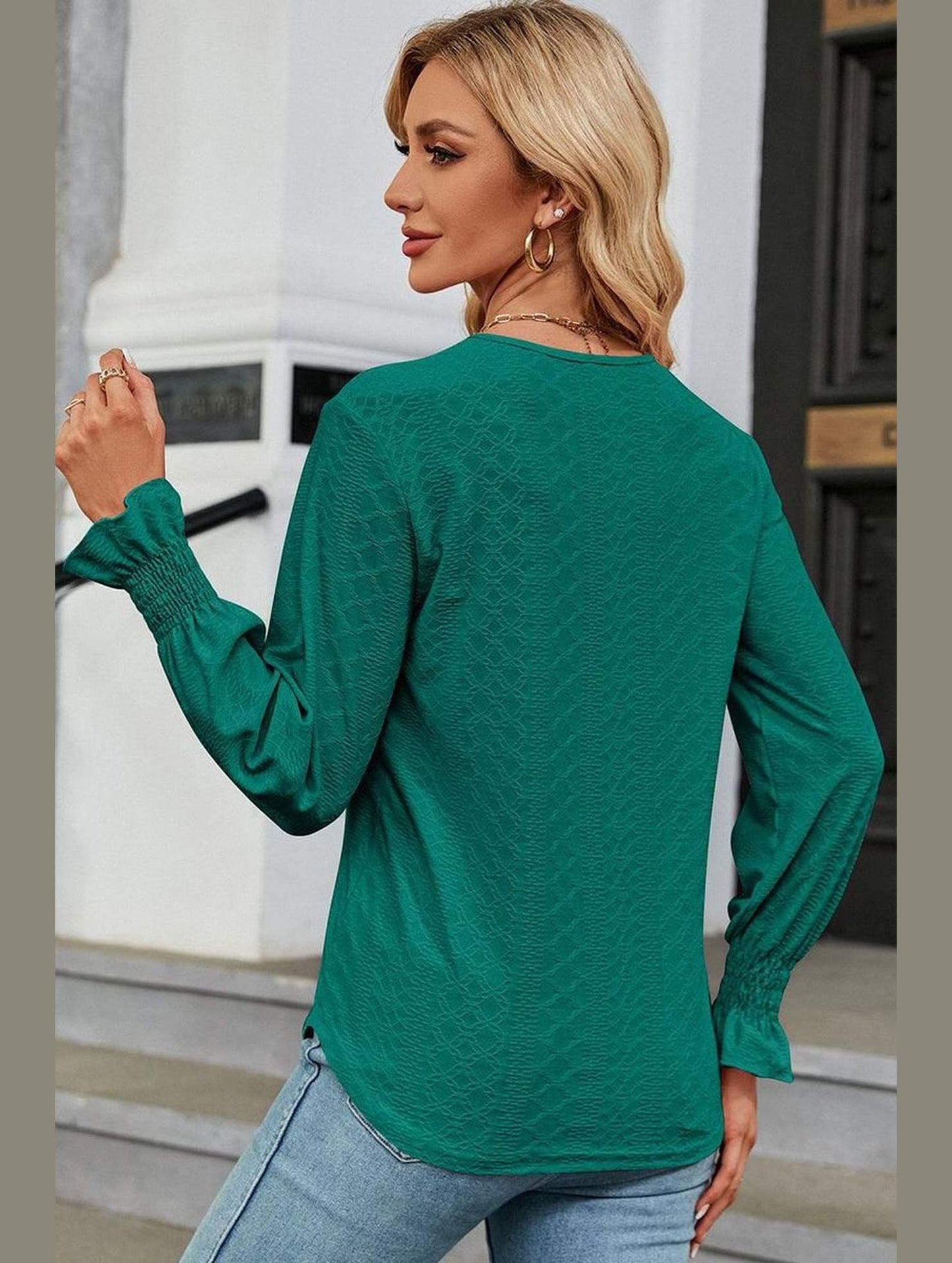 WOMEN GUIPURE LACE TRIM NECK RUFFLE SLEEVE BLOUSE - Doublju