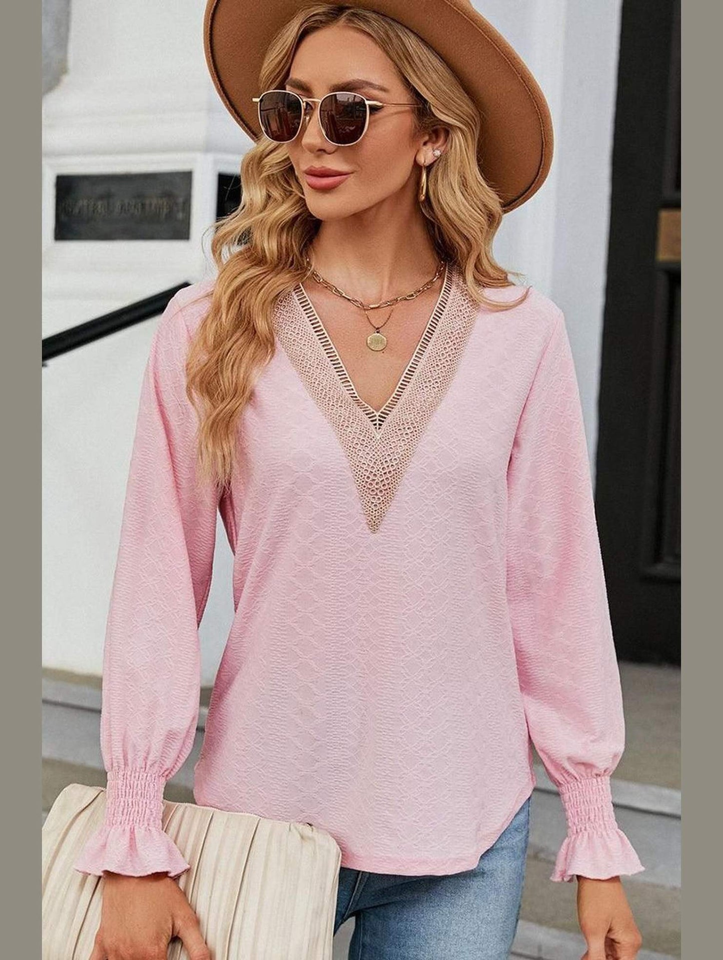 WOMEN GUIPURE LACE TRIM NECK RUFFLE SLEEVE BLOUSE - Doublju