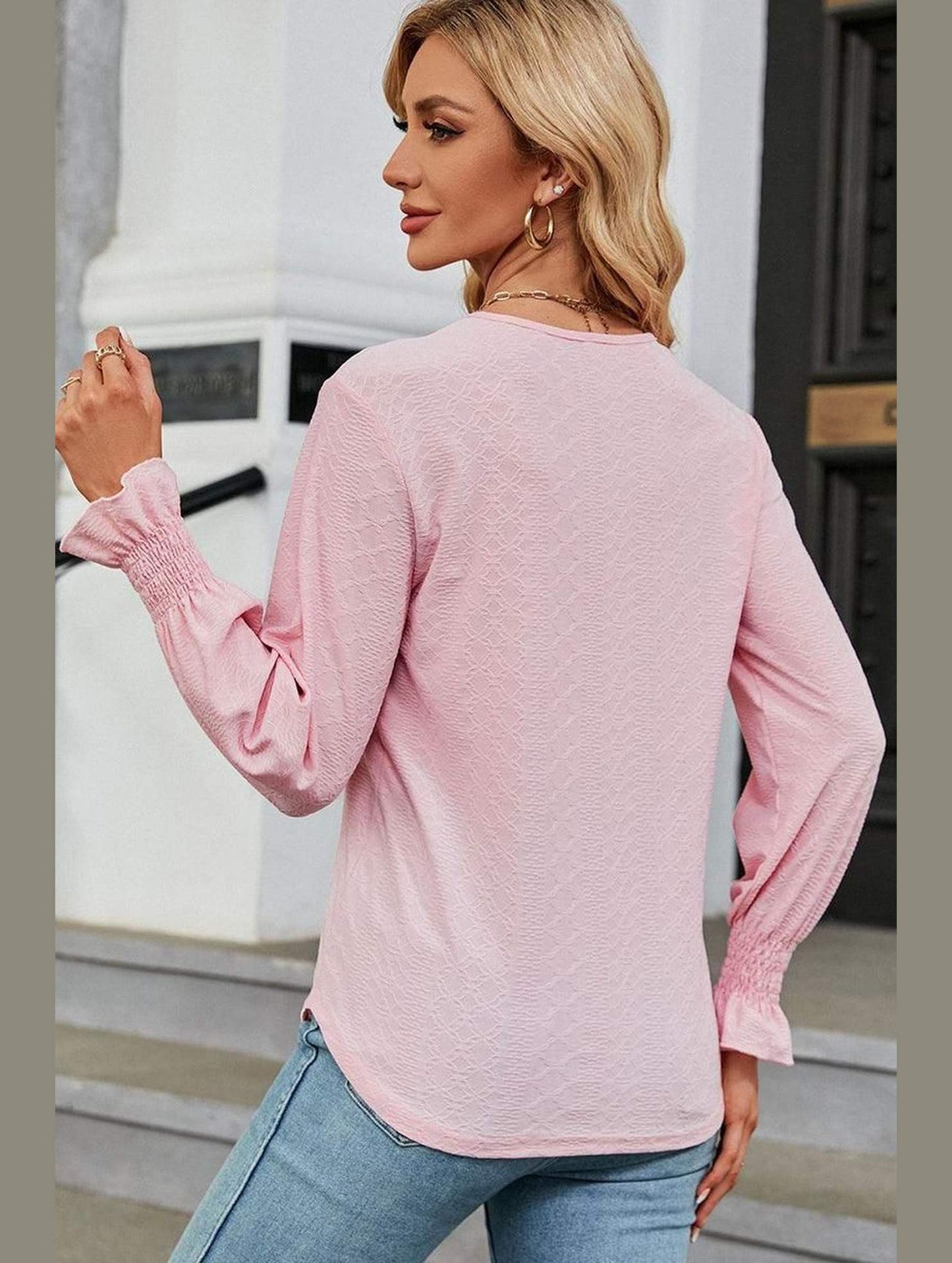 WOMEN GUIPURE LACE TRIM NECK RUFFLE SLEEVE BLOUSE - Doublju