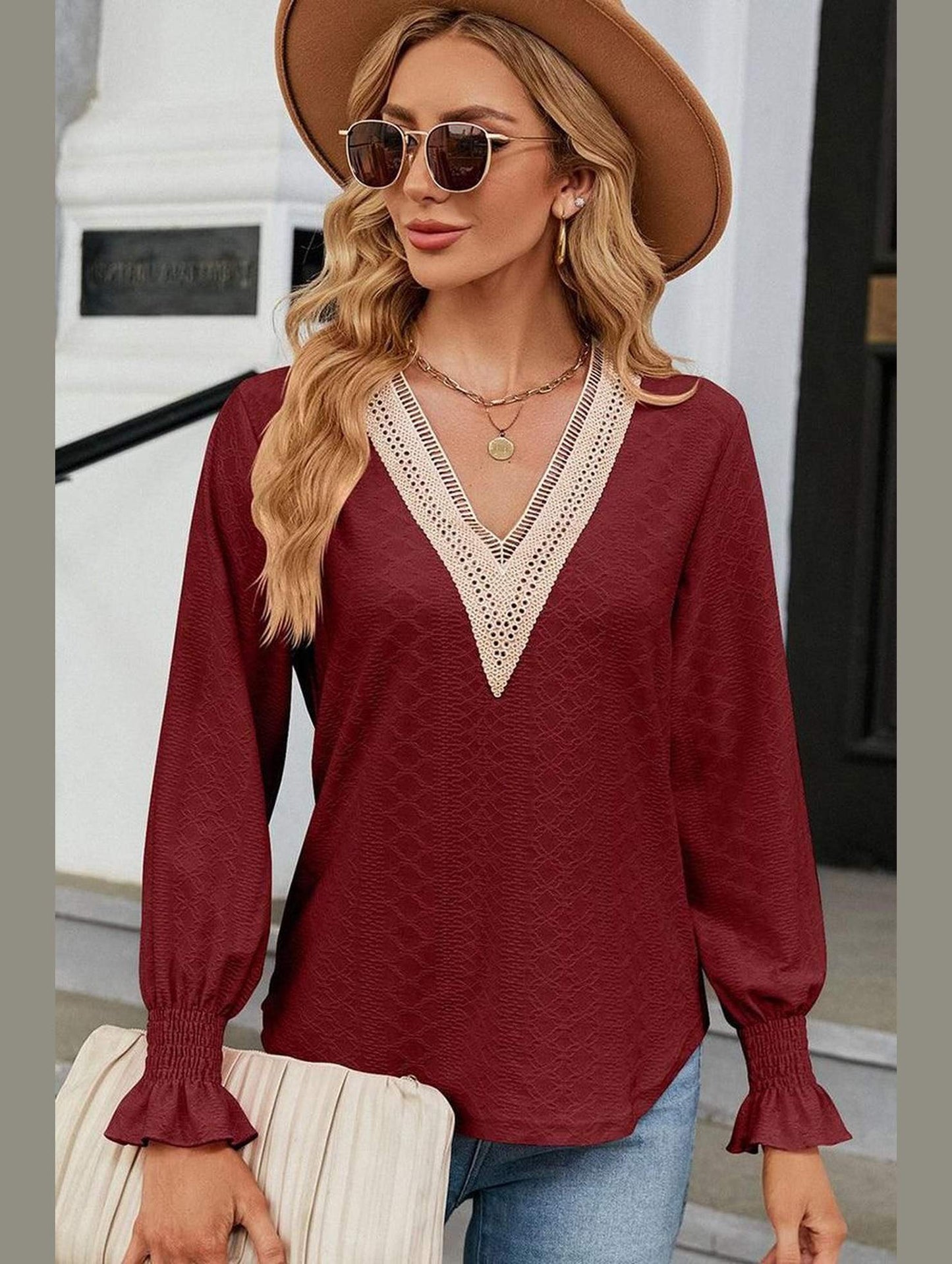 WOMEN GUIPURE LACE TRIM NECK RUFFLE SLEEVE BLOUSE - Doublju