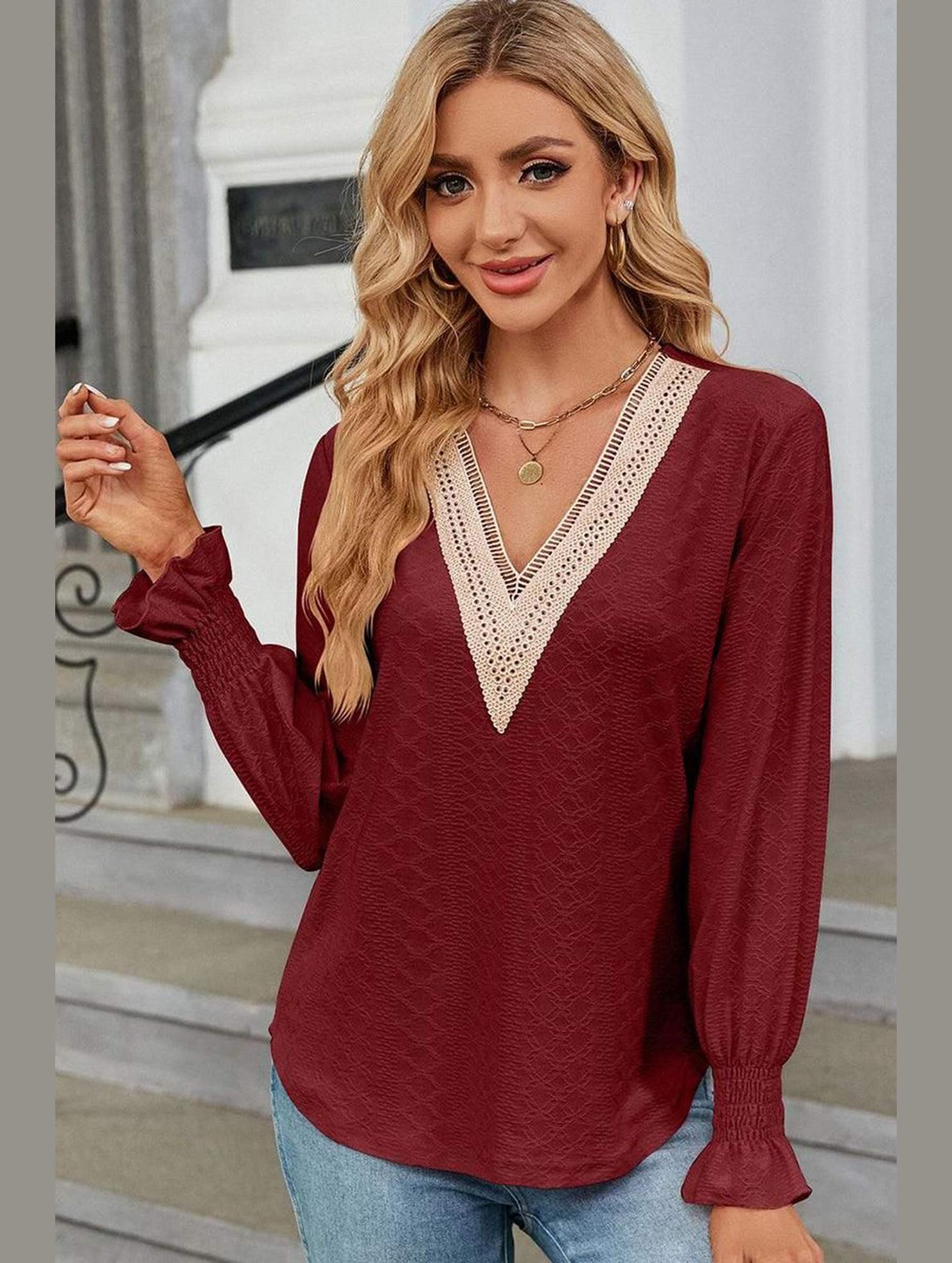 WOMEN GUIPURE LACE TRIM NECK RUFFLE SLEEVE BLOUSE - Doublju