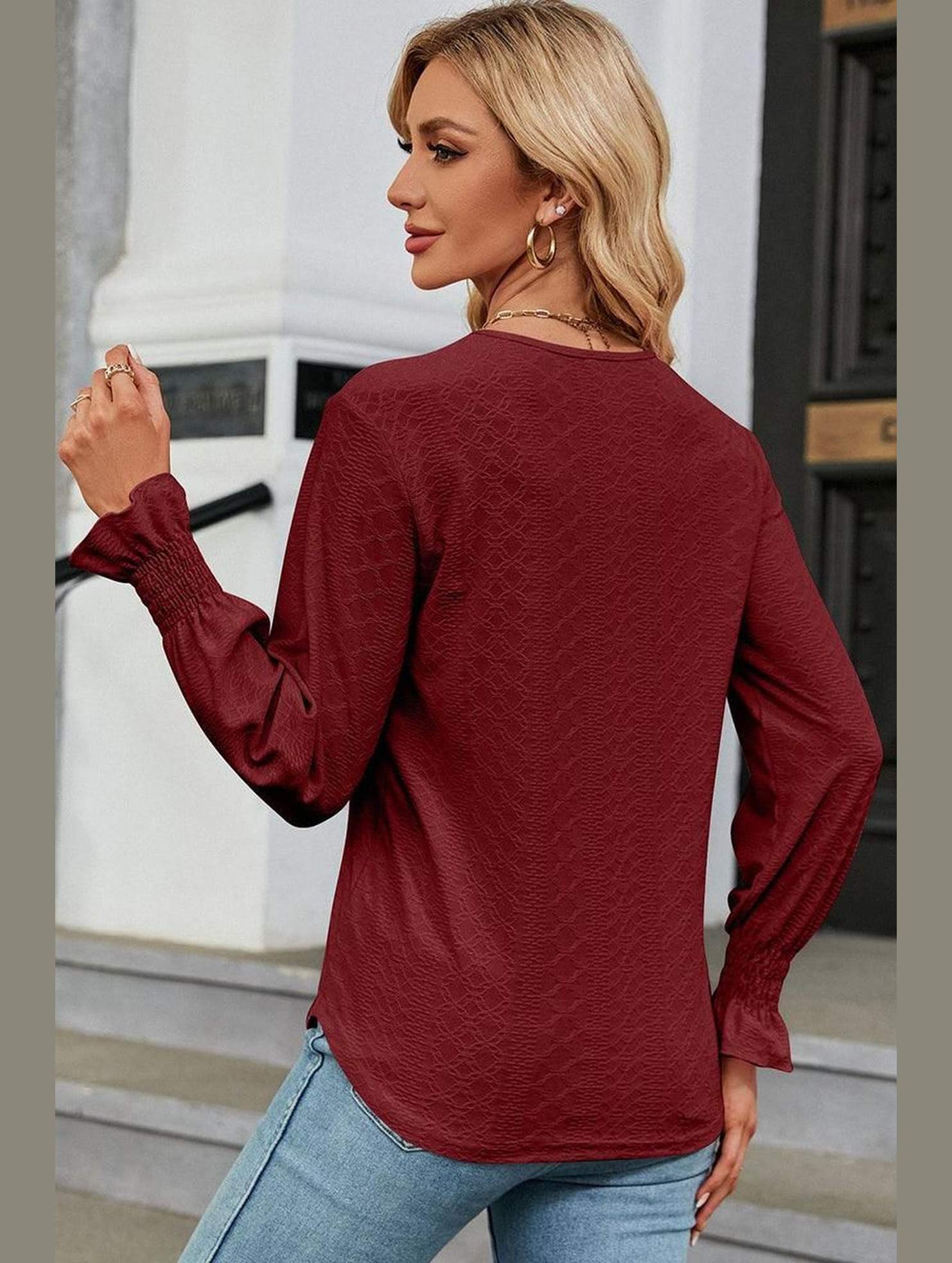 WOMEN GUIPURE LACE TRIM NECK RUFFLE SLEEVE BLOUSE - Doublju