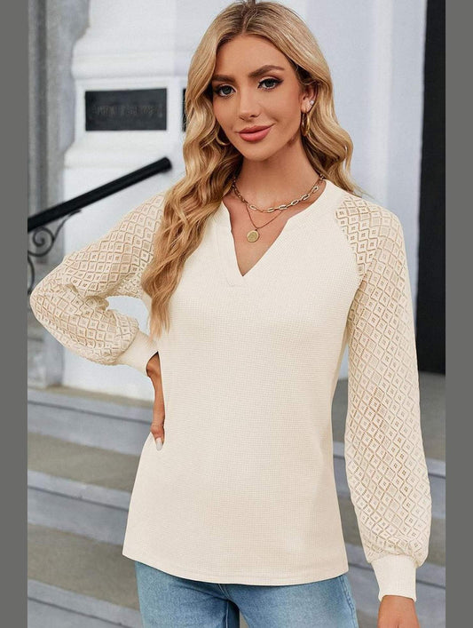 WAFFLE LACE STITCHED V NECK DAILY TOP - Doublju