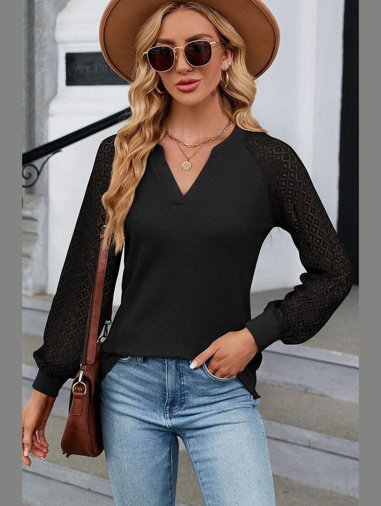 WAFFLE LACE STITCHED V NECK DAILY TOP - Doublju
