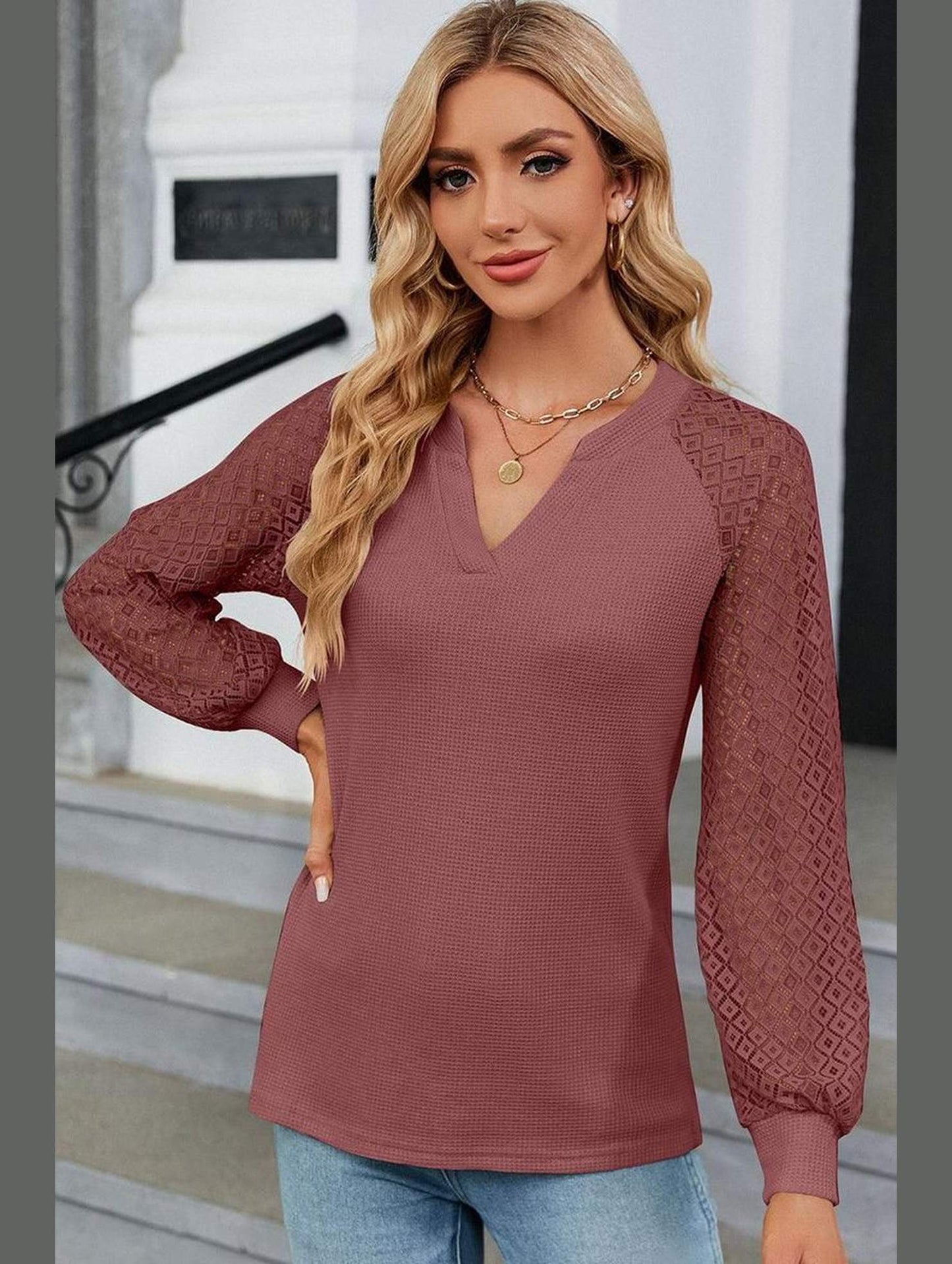 WAFFLE LACE STITCHED V NECK DAILY TOP - Doublju