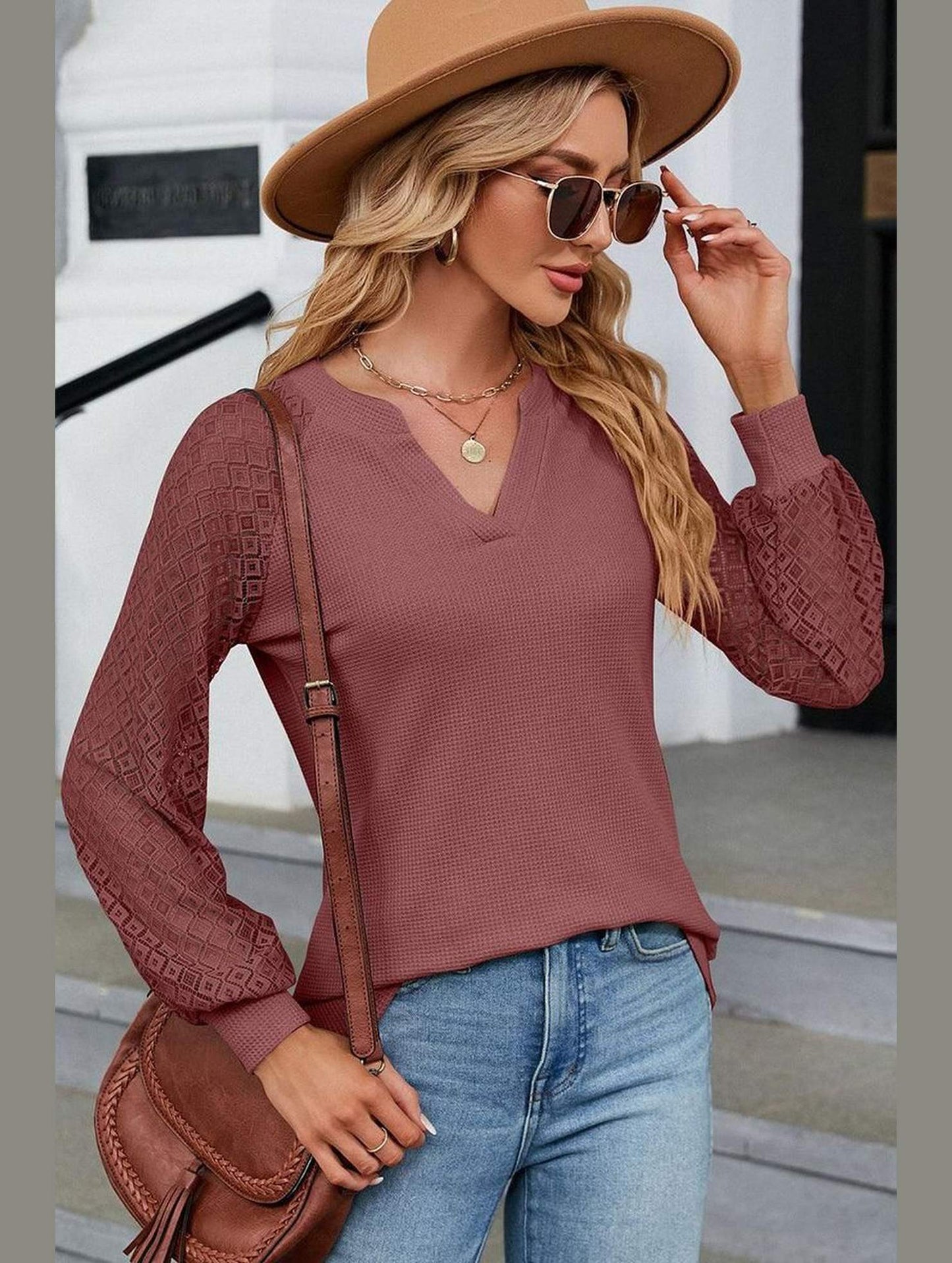WAFFLE LACE STITCHED V NECK DAILY TOP - Doublju