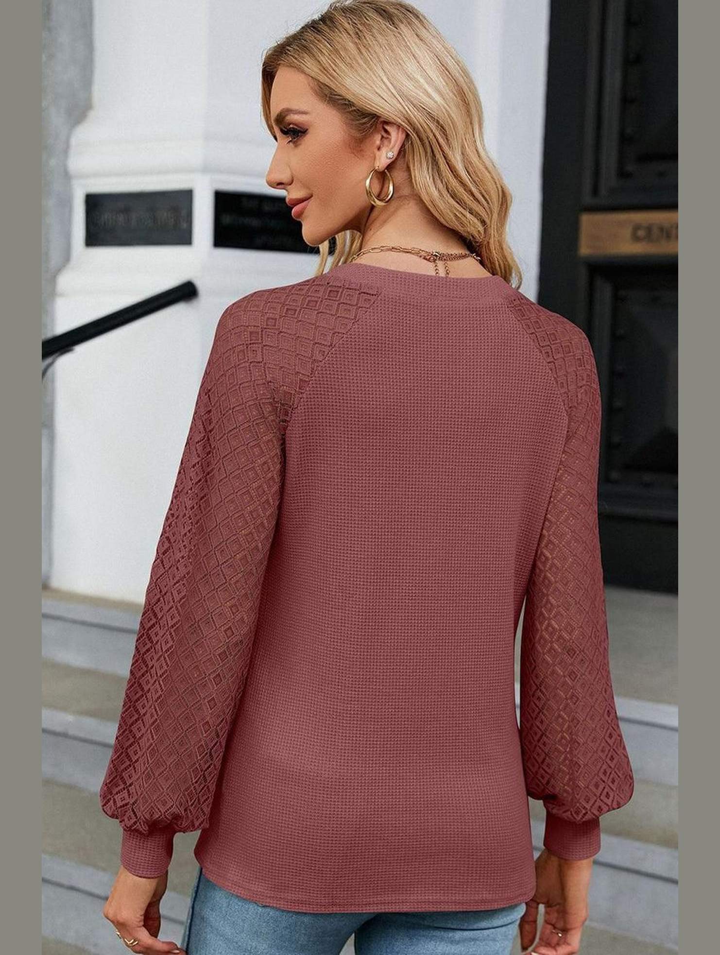 WAFFLE LACE STITCHED V NECK DAILY TOP - Doublju