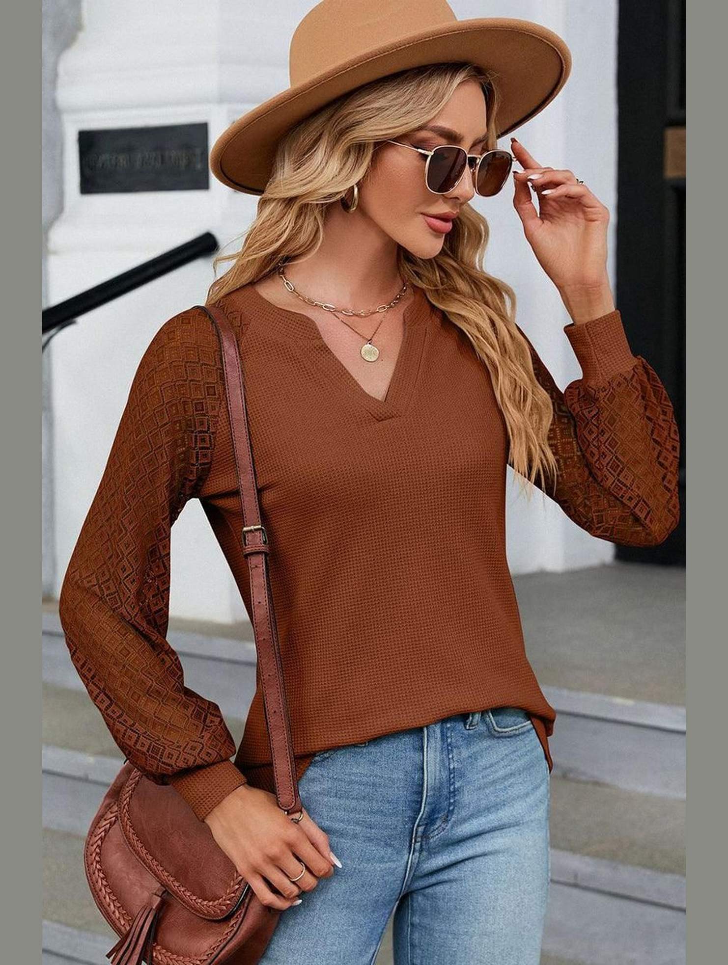 WAFFLE LACE STITCHED V NECK DAILY TOP - Doublju