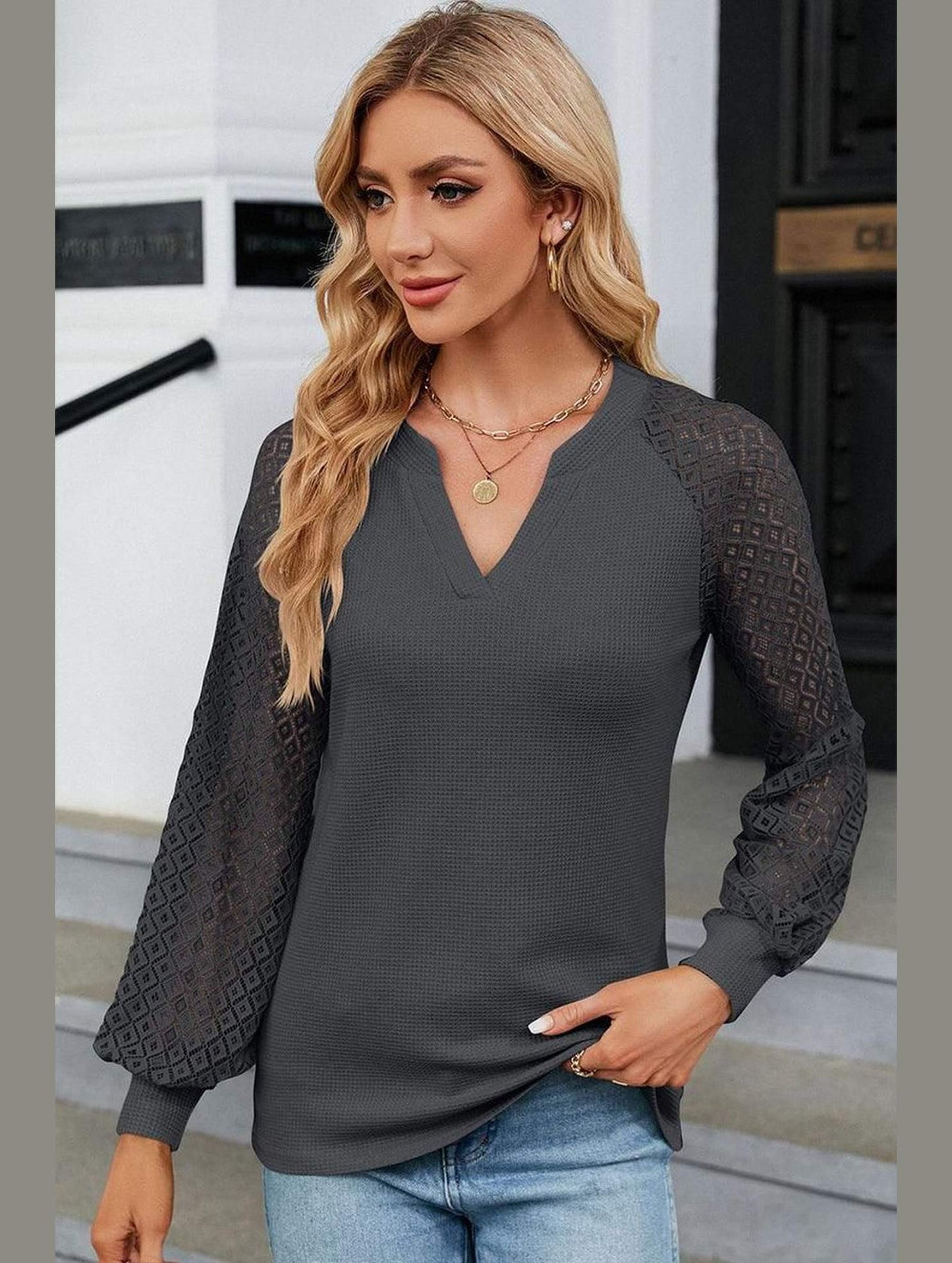 WAFFLE LACE STITCHED V NECK DAILY TOP - Doublju