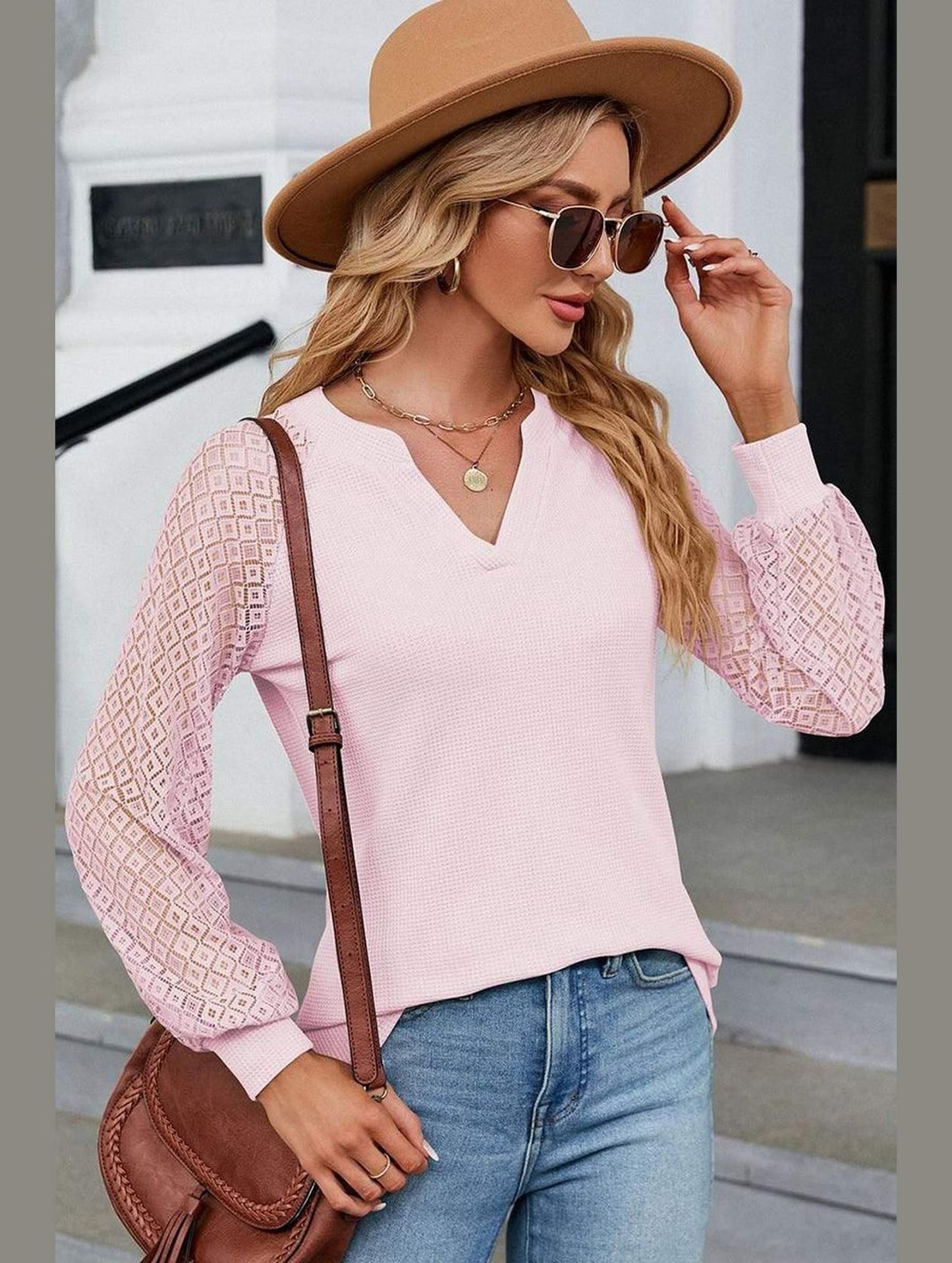 WAFFLE LACE STITCHED V NECK DAILY TOP - Doublju