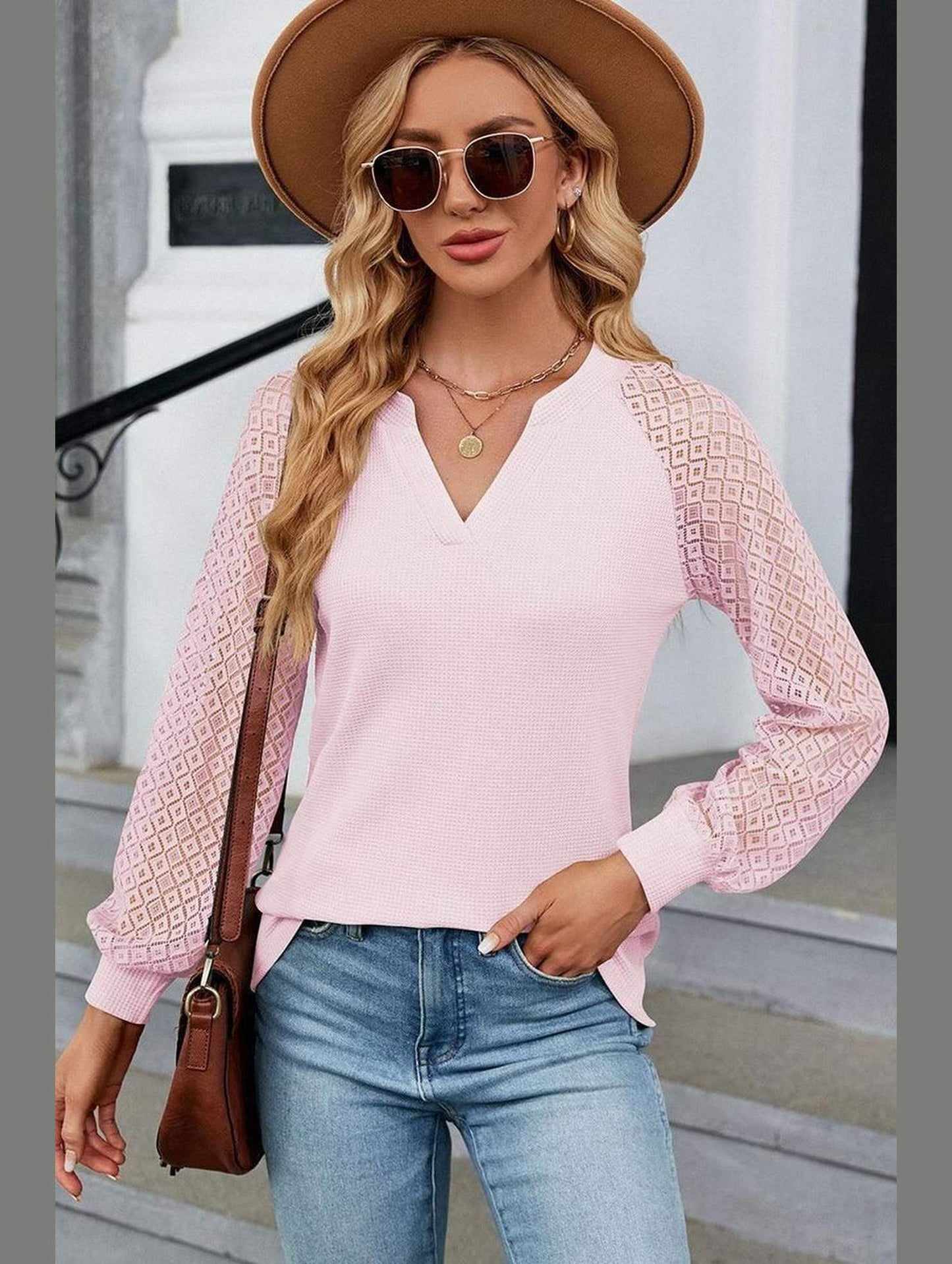 WAFFLE LACE STITCHED V NECK DAILY TOP - Doublju