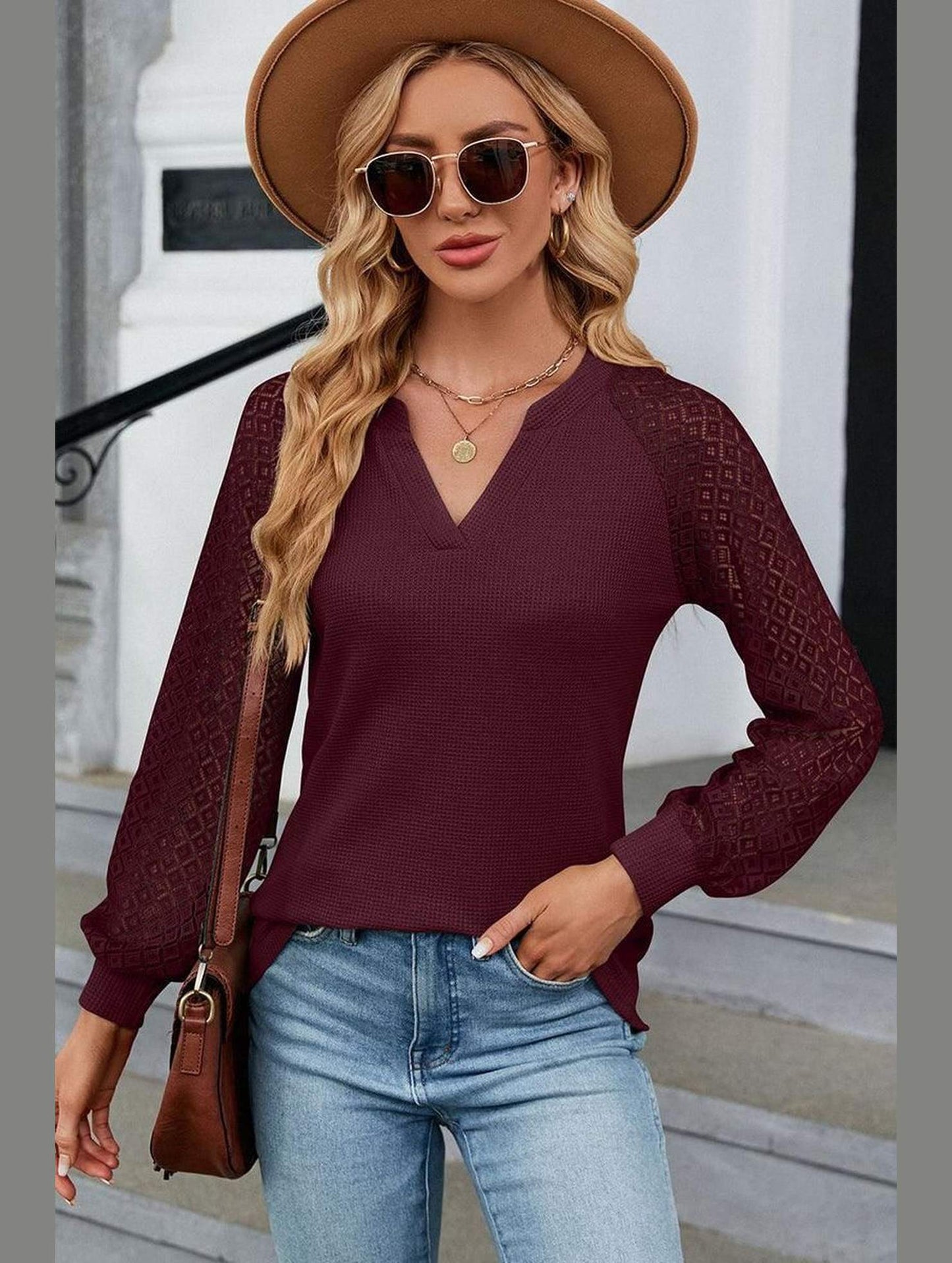 WAFFLE LACE STITCHED V NECK DAILY TOP - Doublju