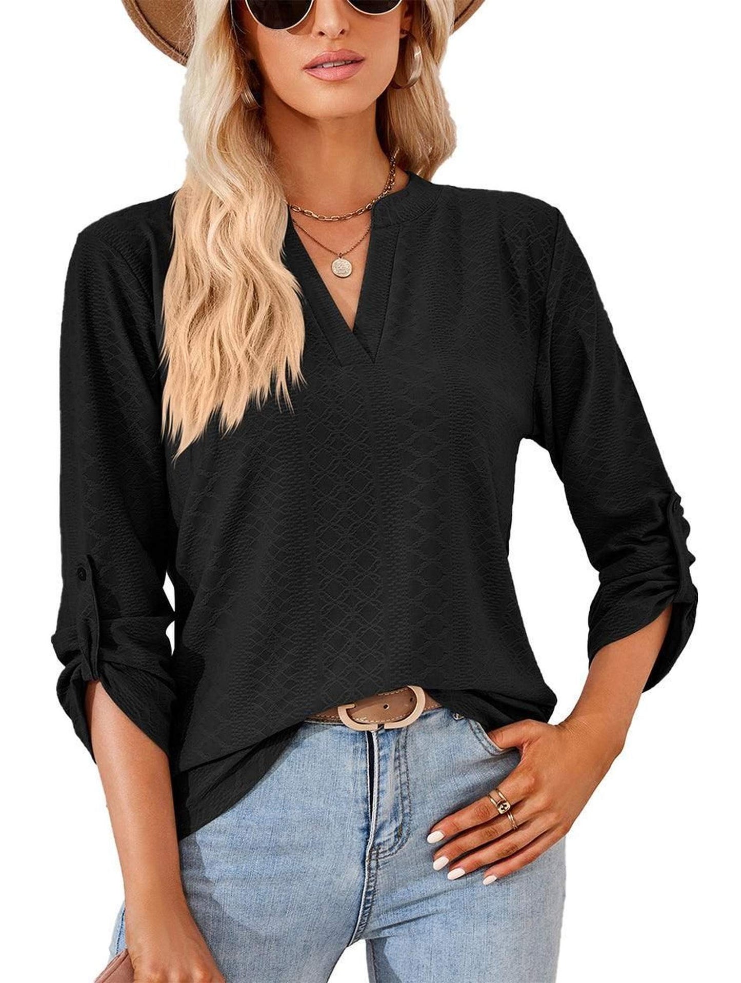 THREE QUARTER SLEEVE V NECK TOP - Doublju