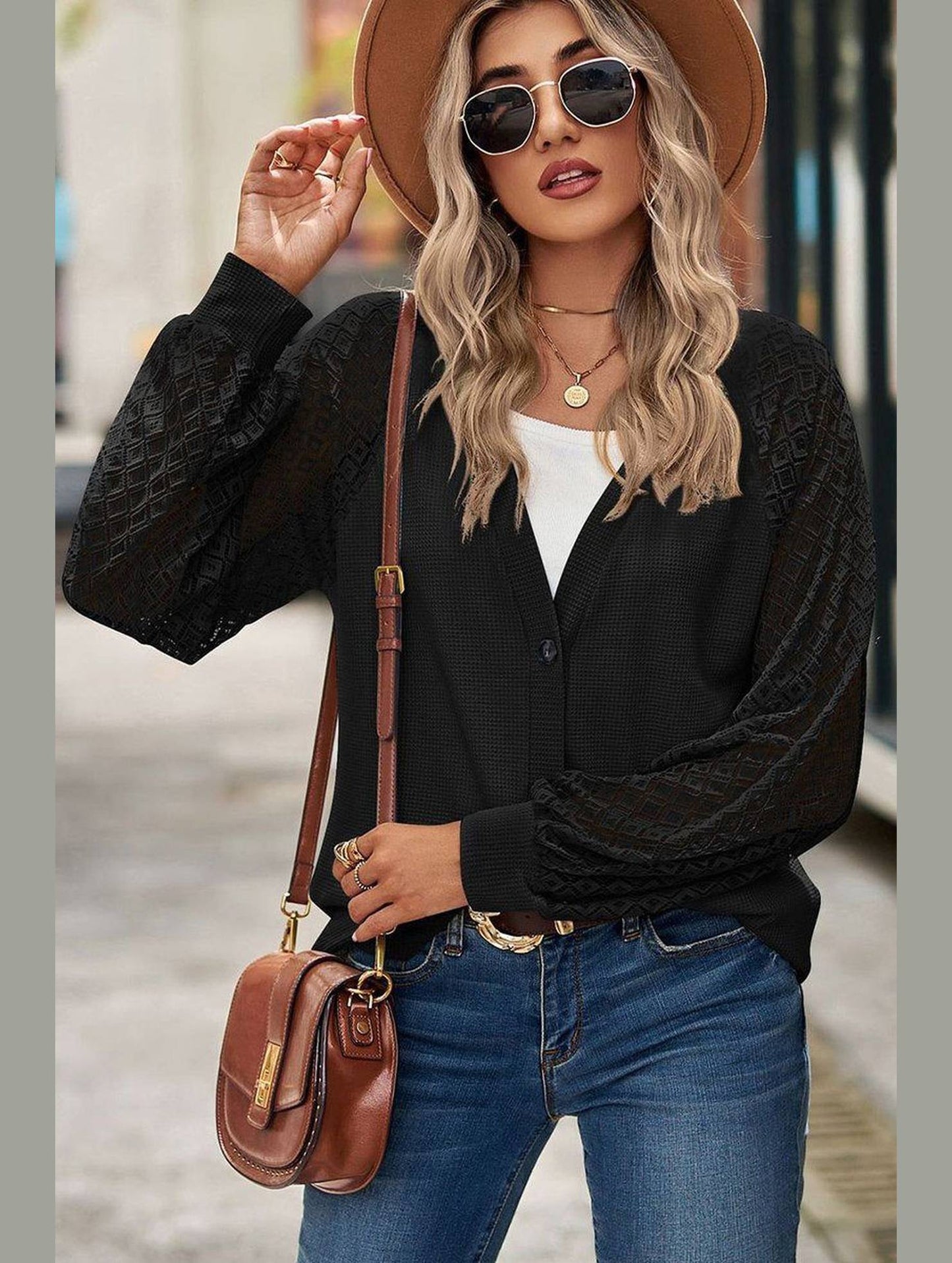 WOMEN LACE TRIM SLEEVED BUTTON UP SHIRT