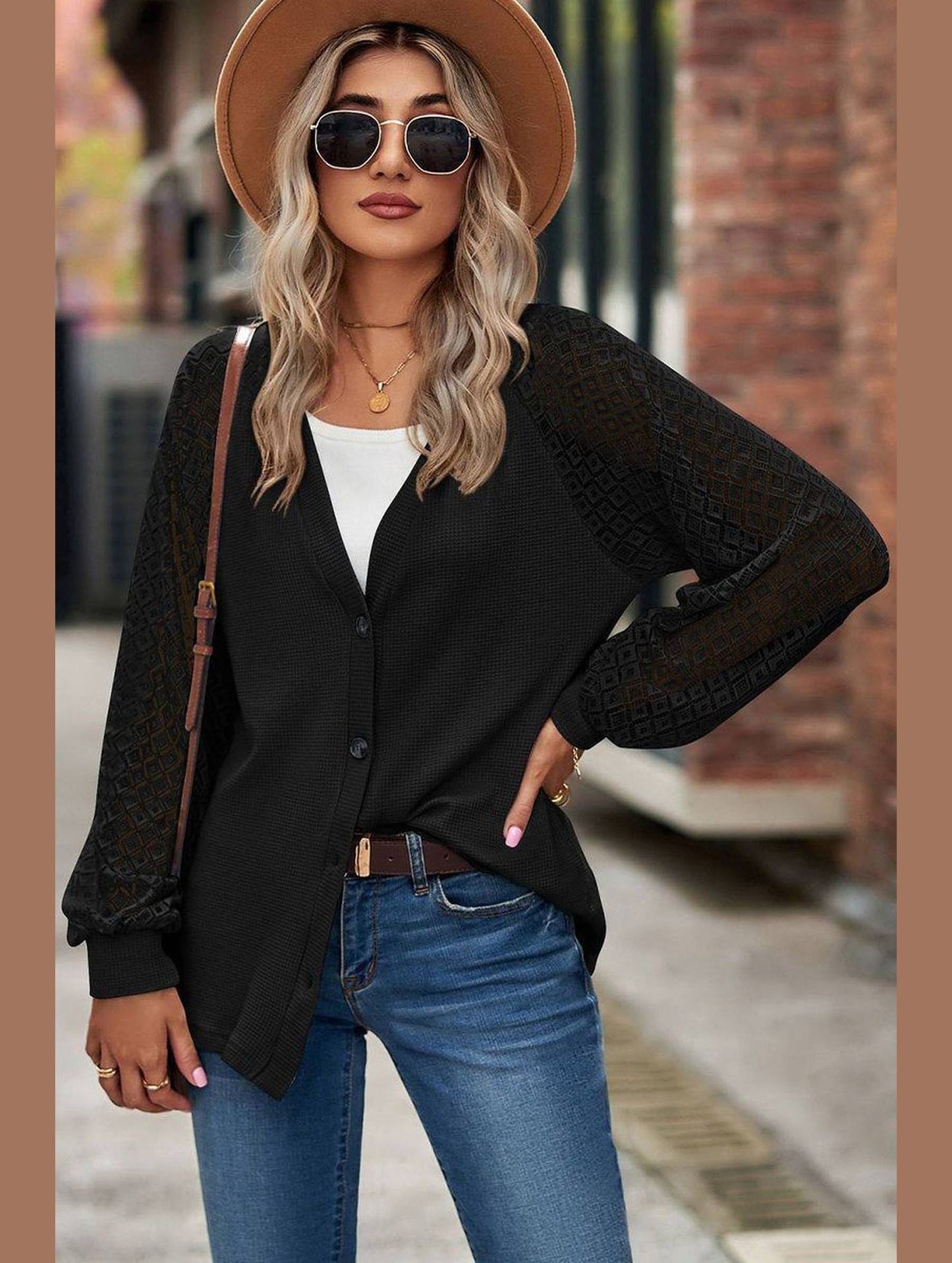 WOMEN LACE TRIM SLEEVED BUTTON UP SHIRT