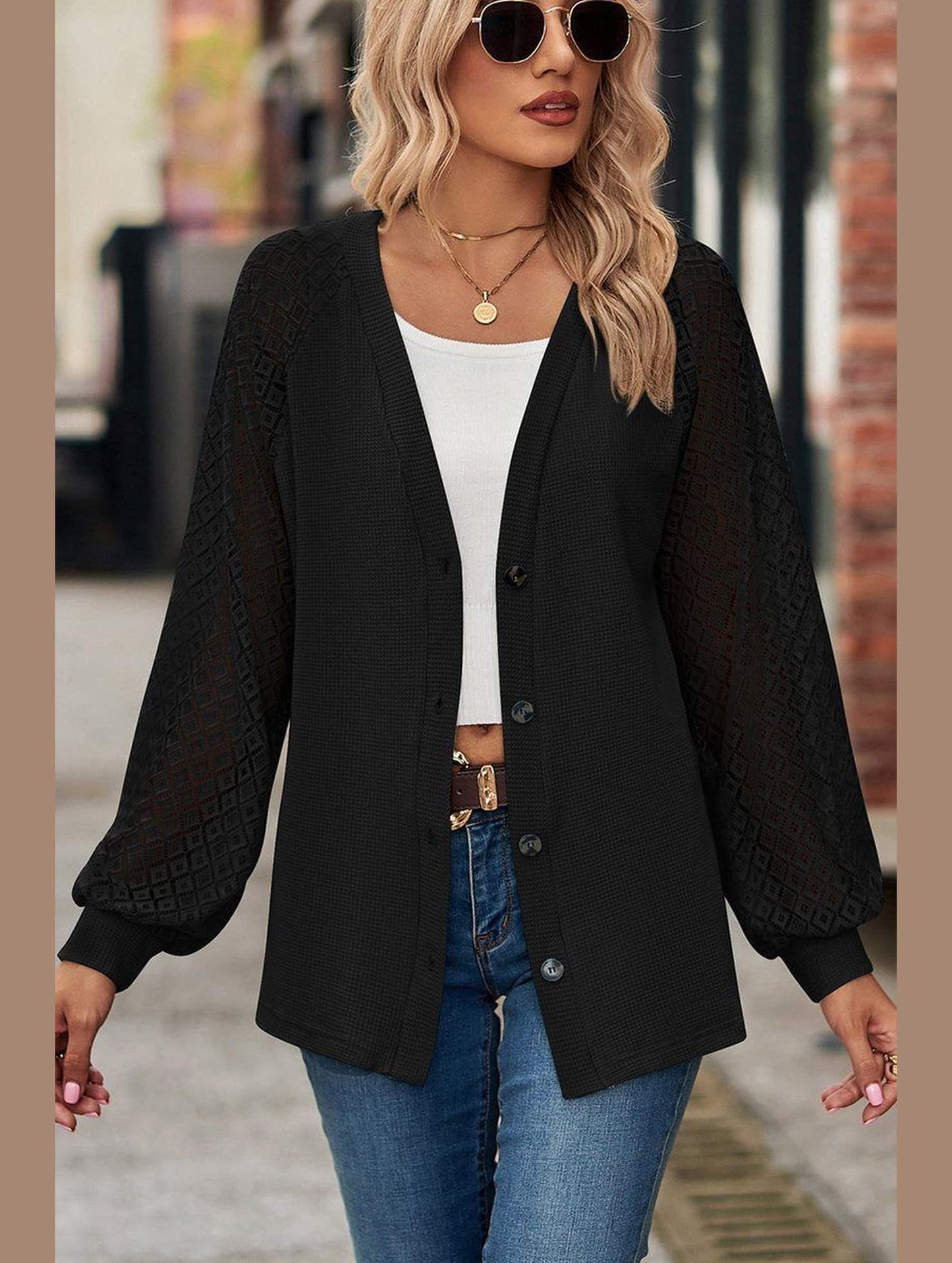 WOMEN LACE TRIM SLEEVED BUTTON UP SHIRT