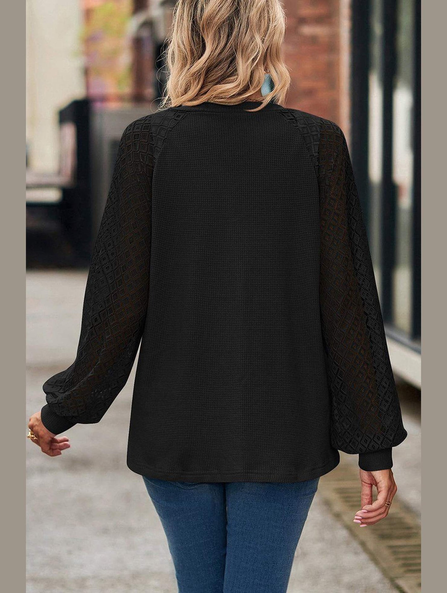 WOMEN LACE TRIM SLEEVED BUTTON UP SHIRT