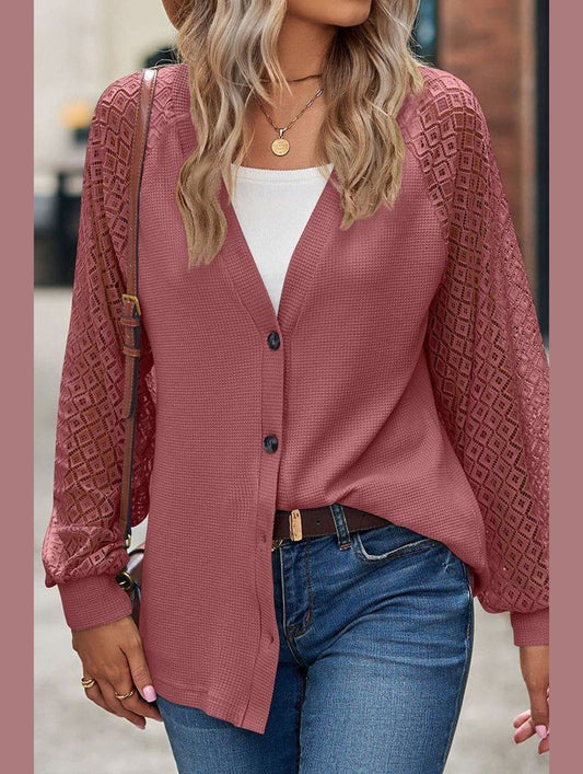 WOMEN LACE TRIM SLEEVED BUTTON UP SHIRT